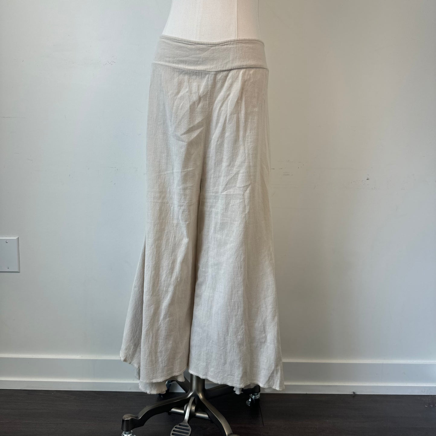 Beige Wide Leg Flared Linen Trousers
