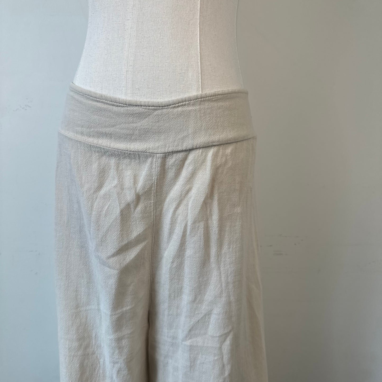 Beige Wide Leg Flared Linen Trousers