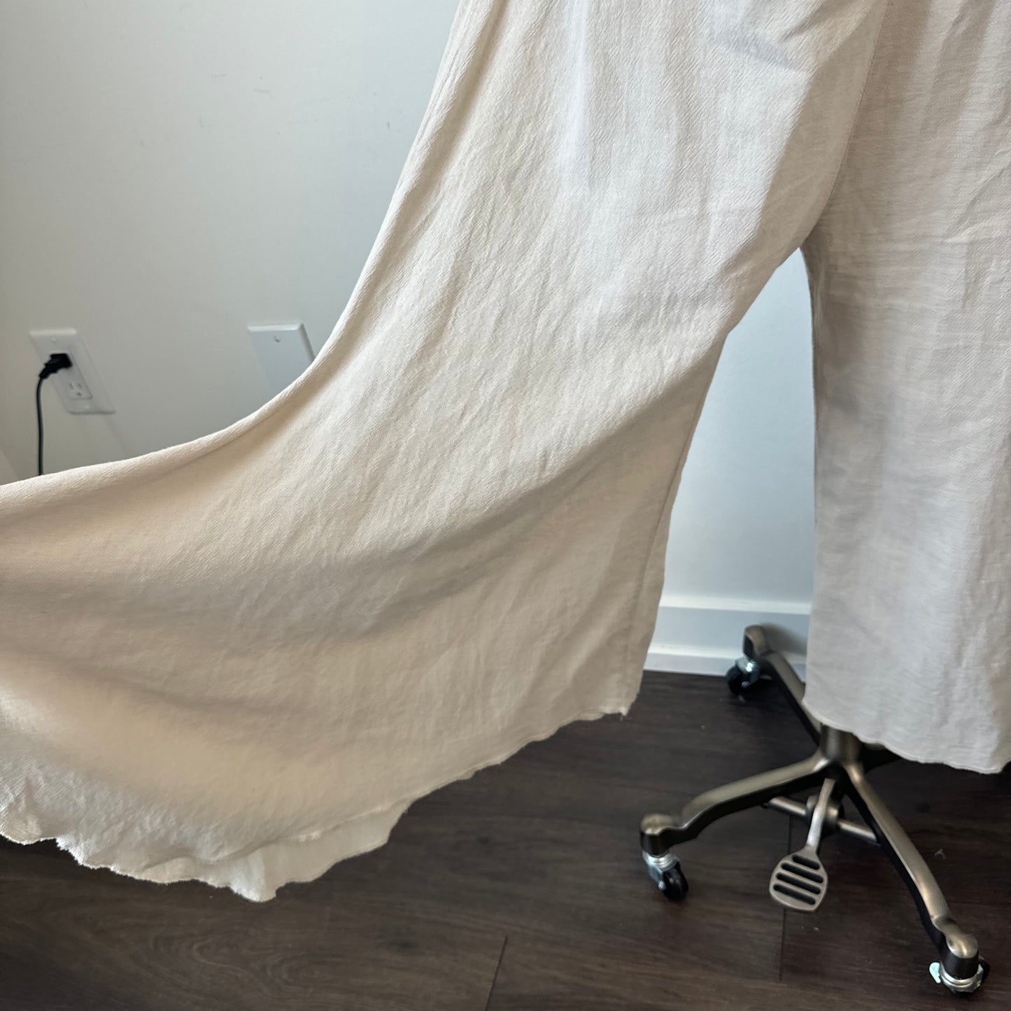 Beige Wide Leg Flared Linen Trousers