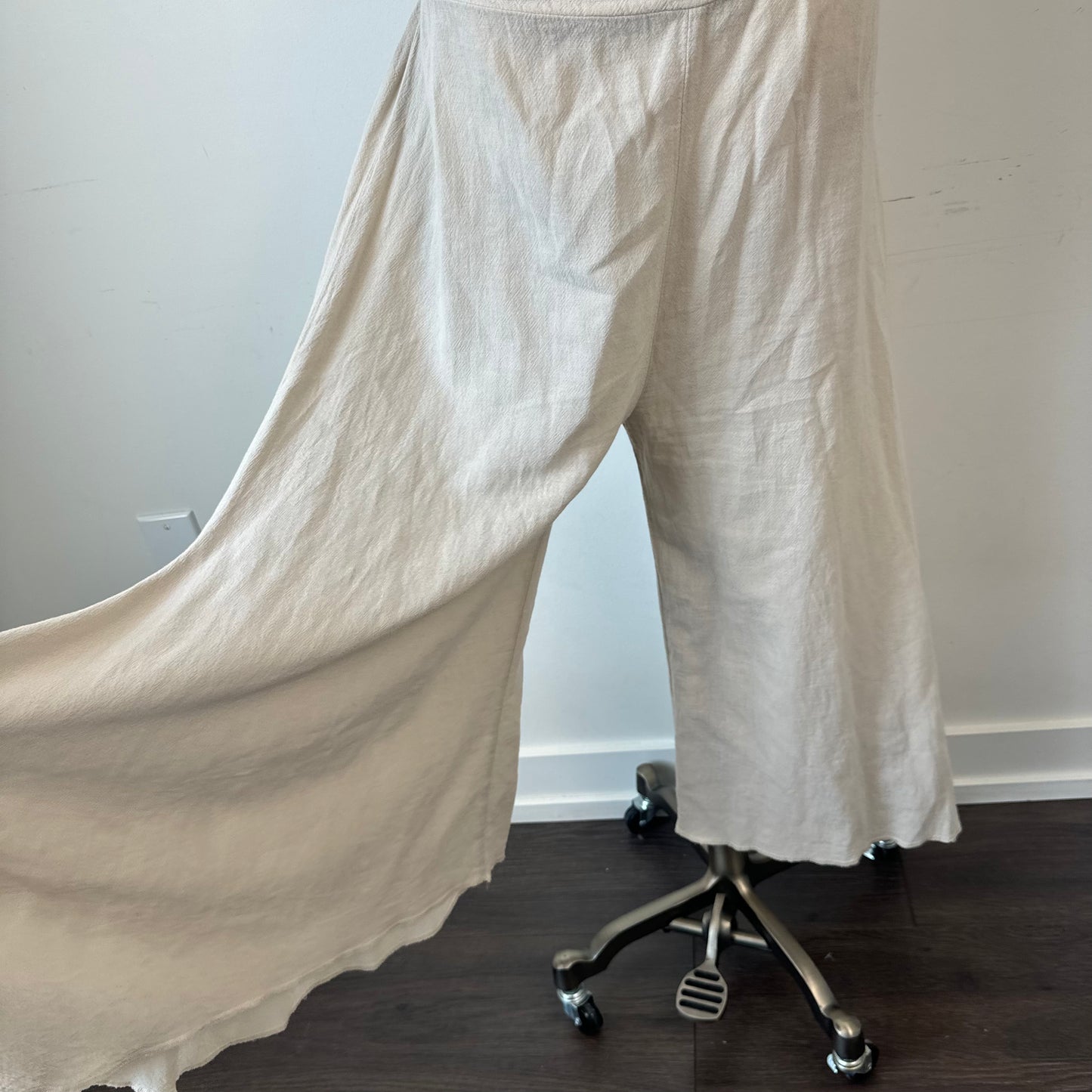 Beige Wide Leg Flared Linen Trousers