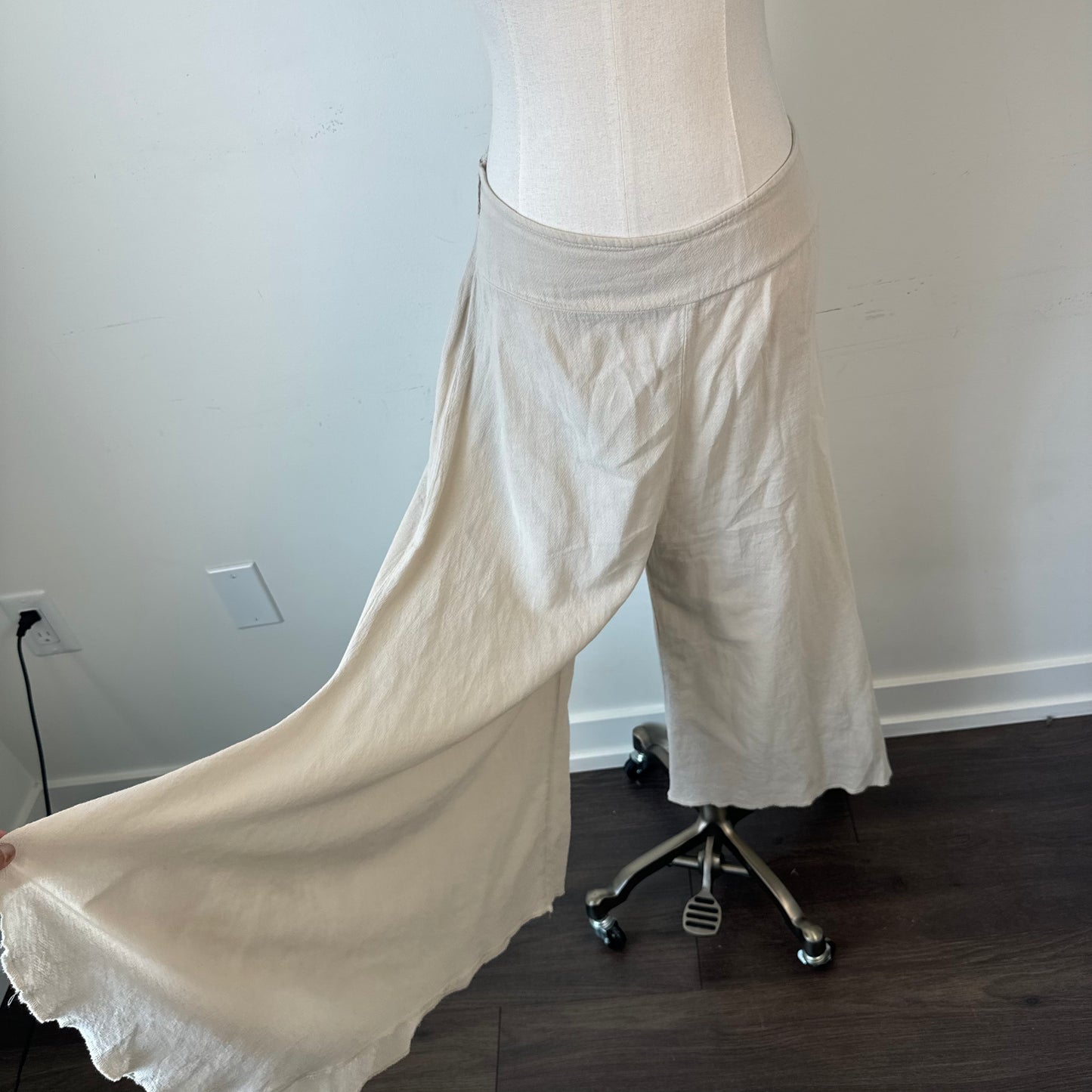 Beige Wide Leg Flared Linen Trousers