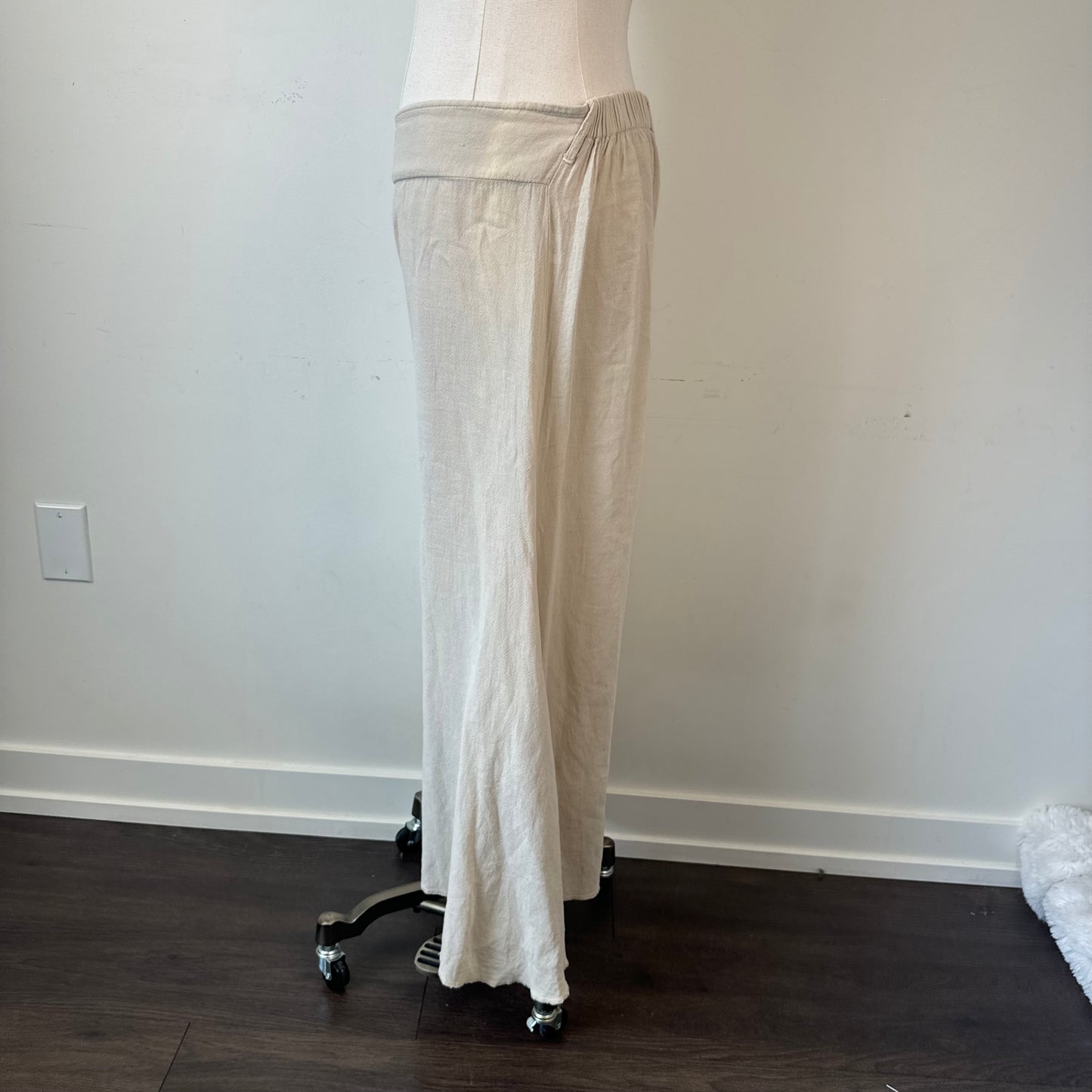 Beige Wide Leg Flared Linen Trousers