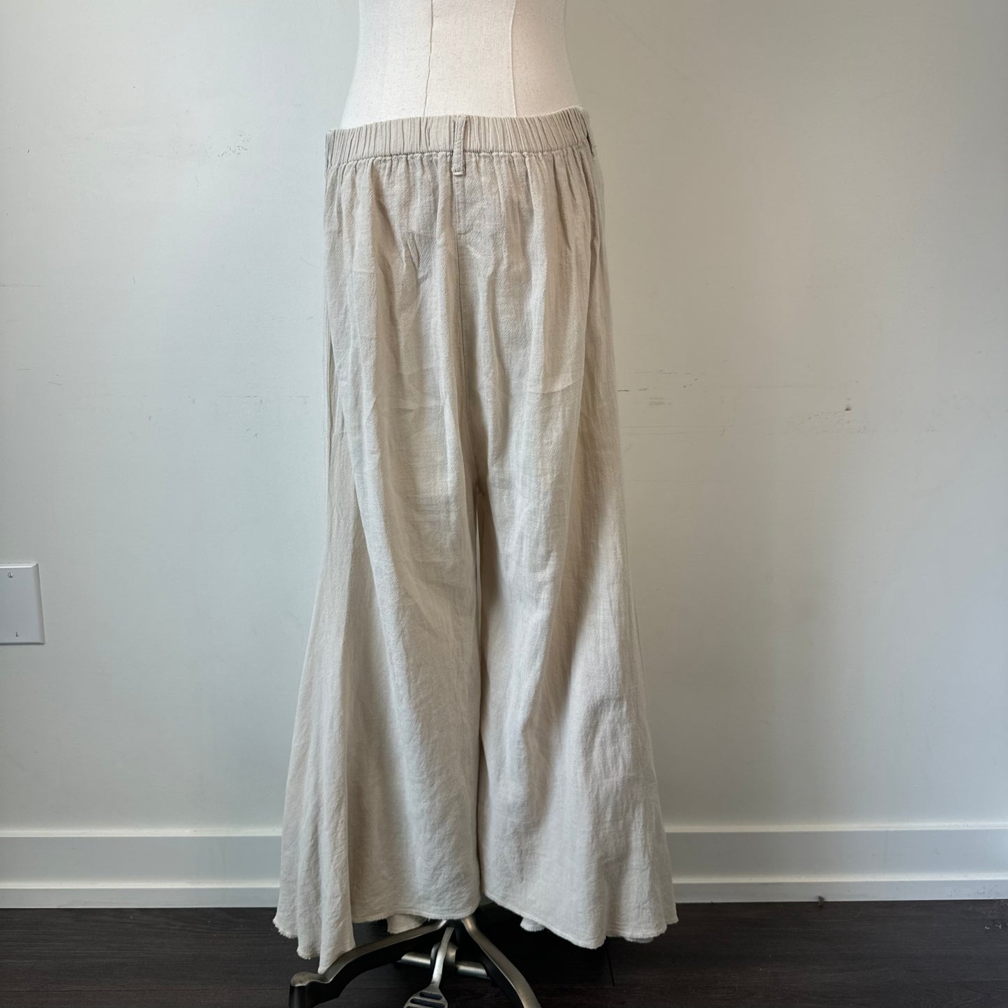 Beige Wide Leg Flared Linen Trousers