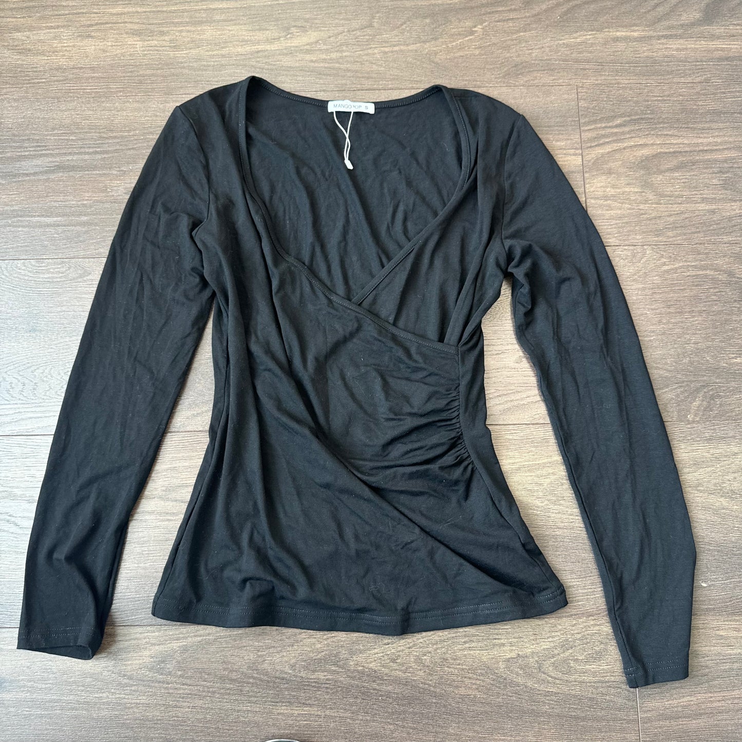 Black Fitted Wrap Cinched Waist Top