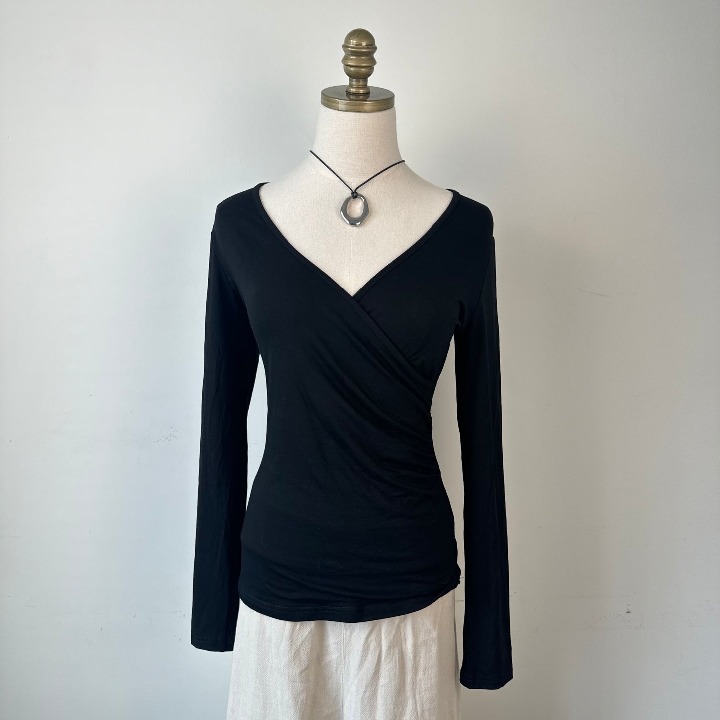 Black Fitted Wrap Cinched Waist Top