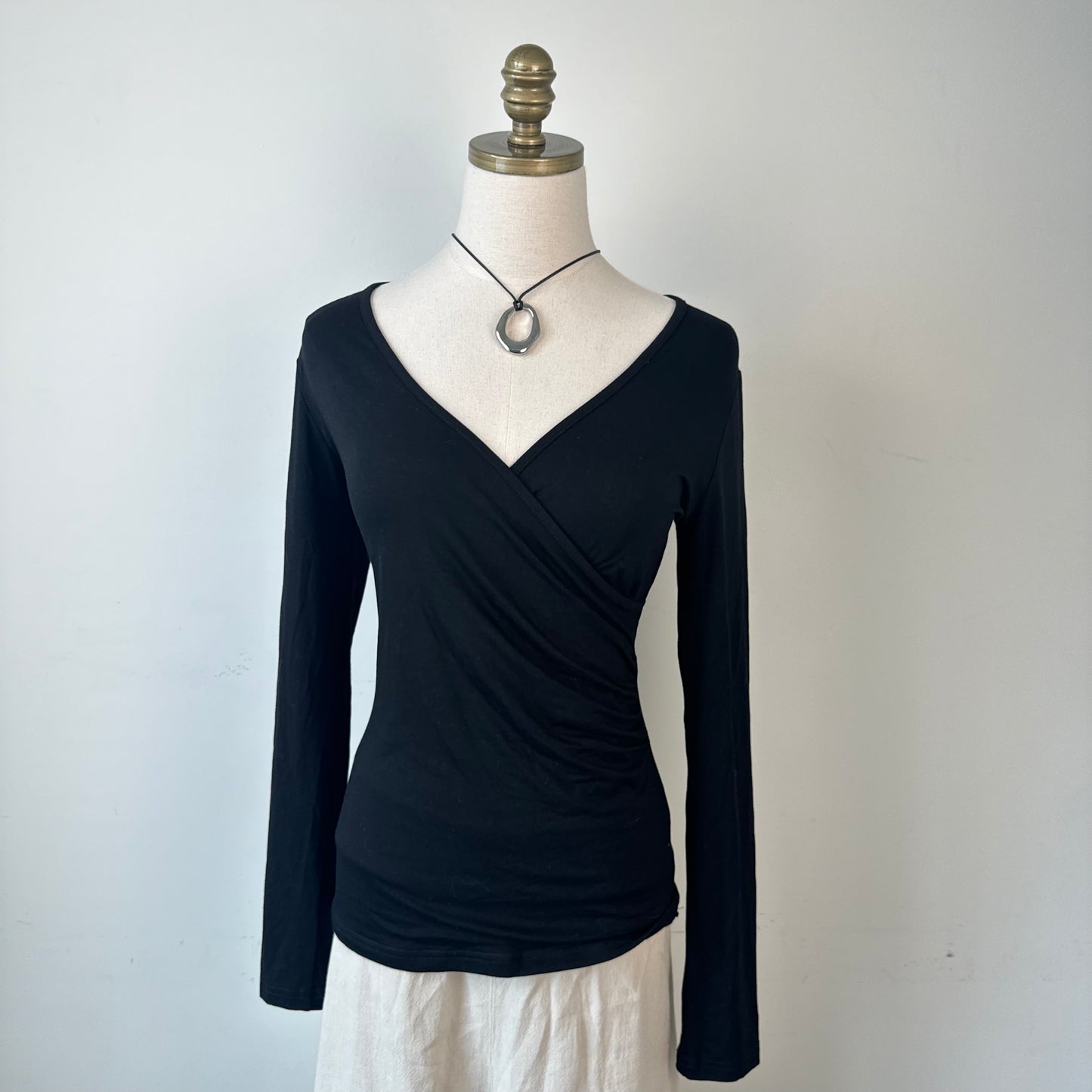 Black Fitted Wrap Cinched Waist Top