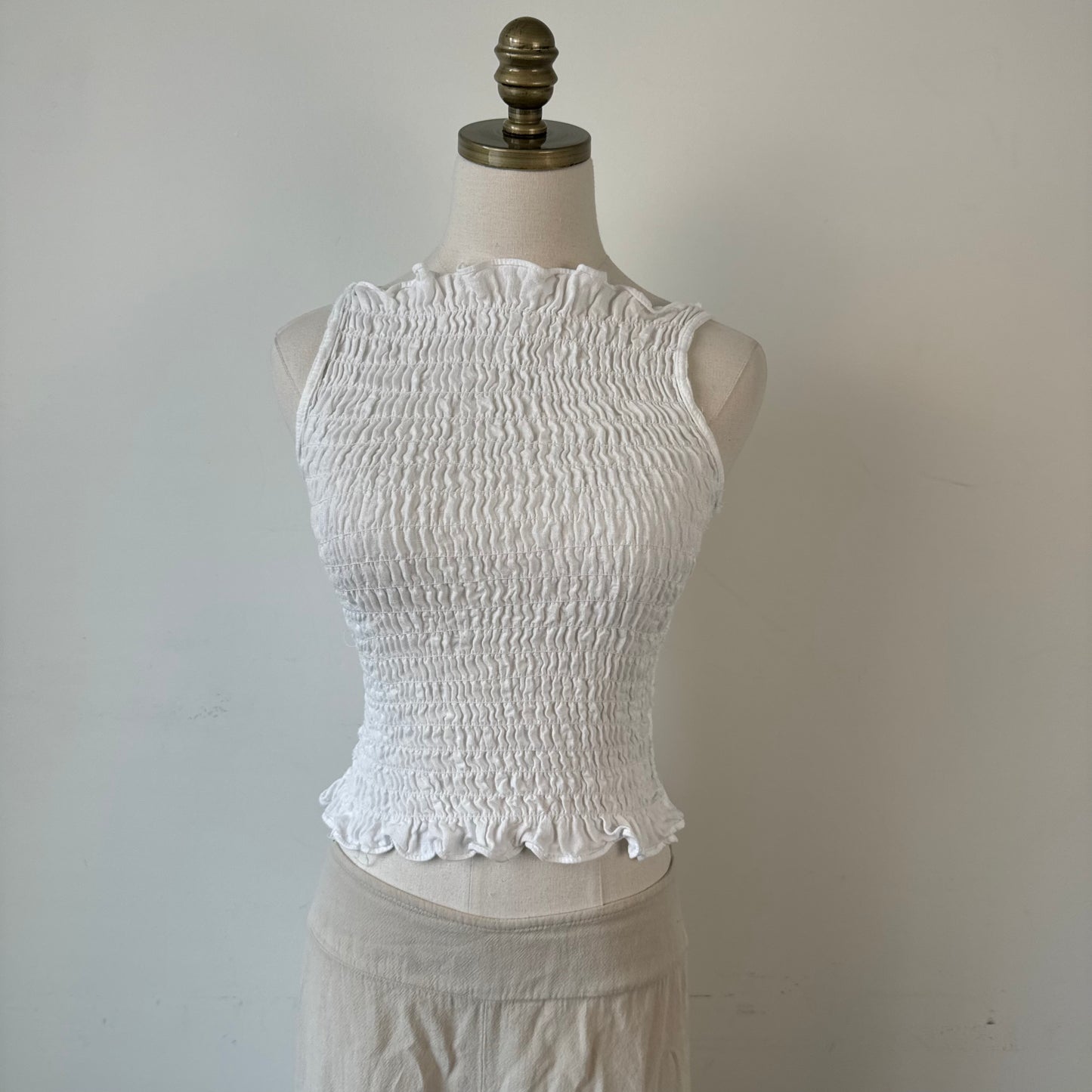 White Ruched High Neck Sleeveless Linen Top