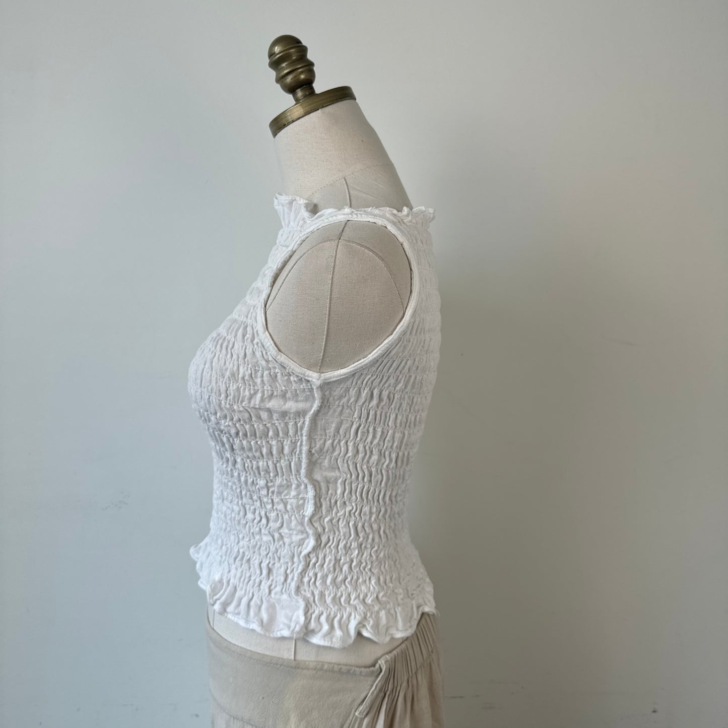 White Ruched High Neck Sleeveless Linen Top