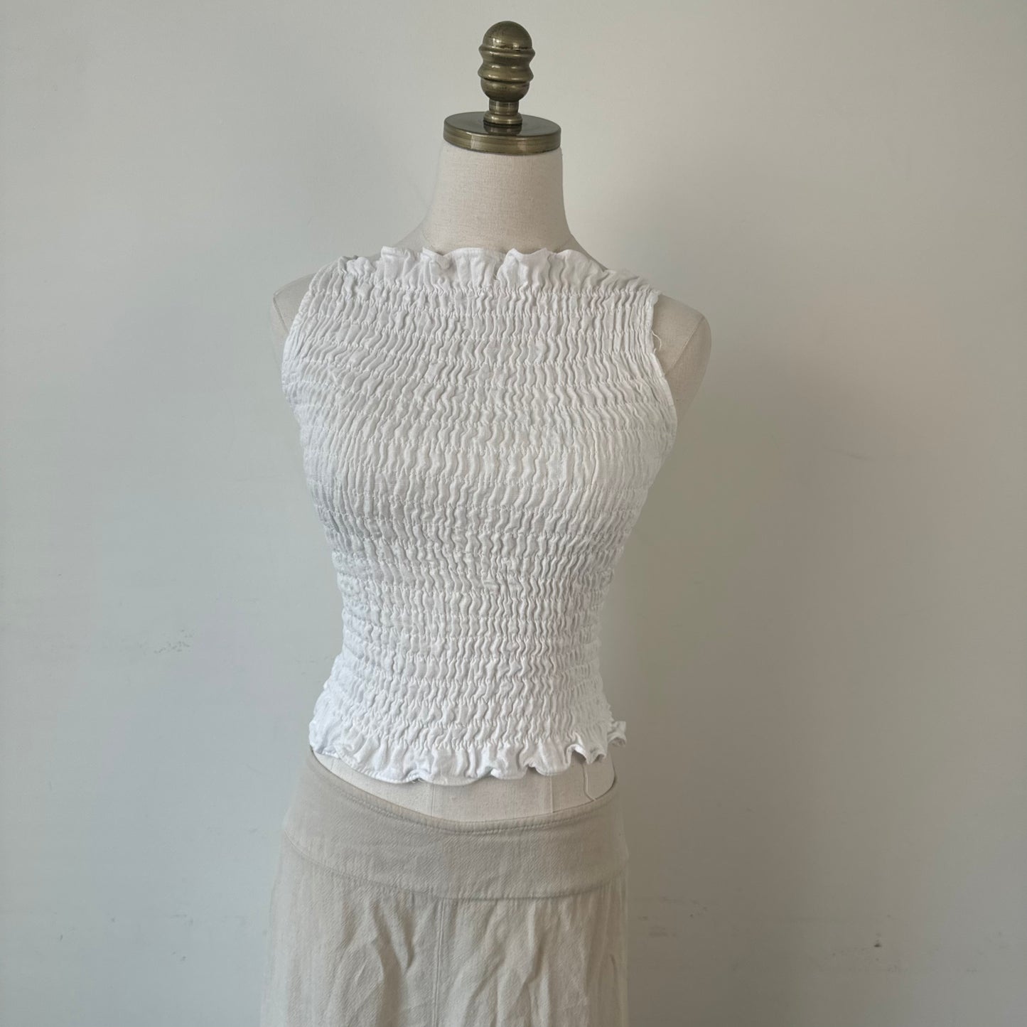 White Ruched High Neck Sleeveless Linen Top