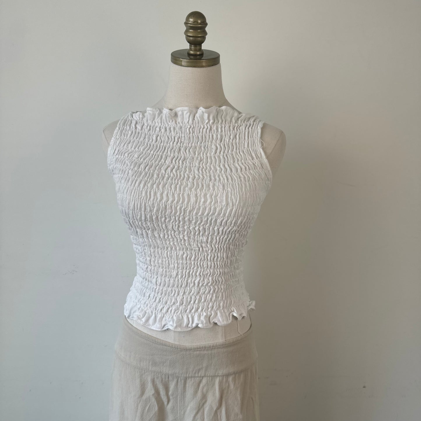 White Ruched High Neck Sleeveless Linen Top