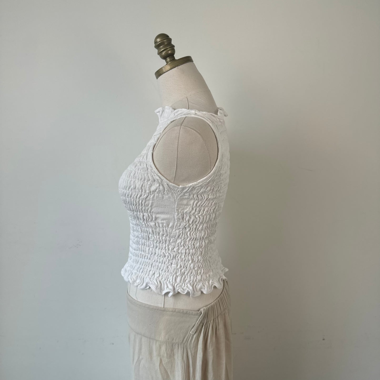 White Ruched High Neck Sleeveless Linen Top