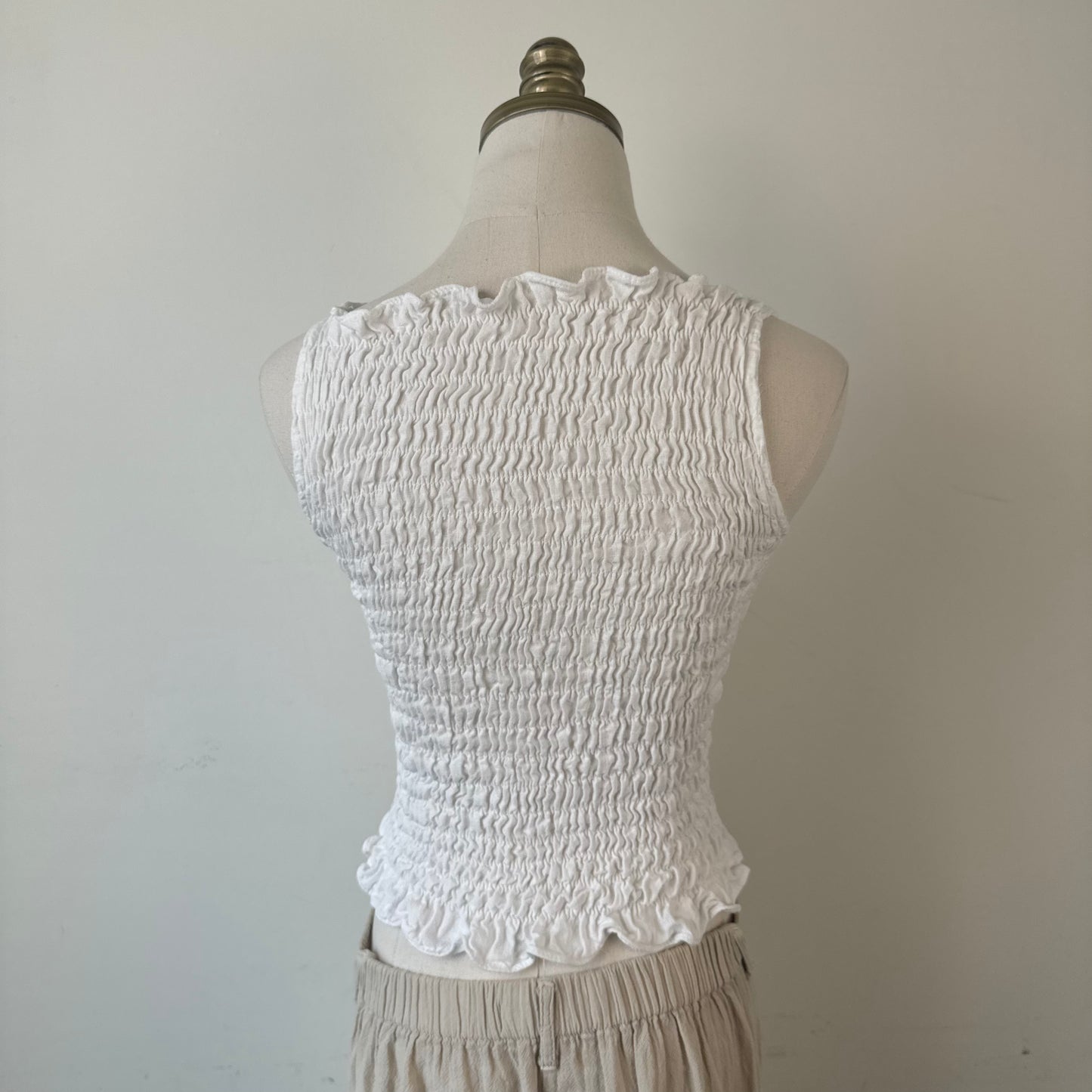 White Ruched High Neck Sleeveless Linen Top