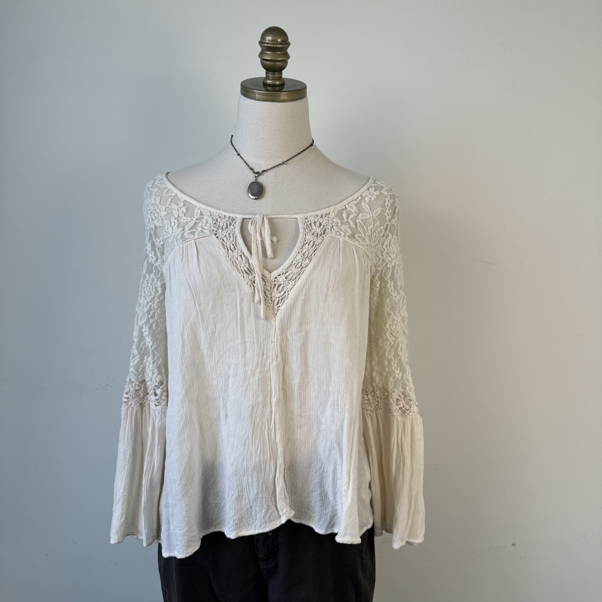 American Eagle Cream Lace Off Shoulder Bell Sleeve Boho Blouse