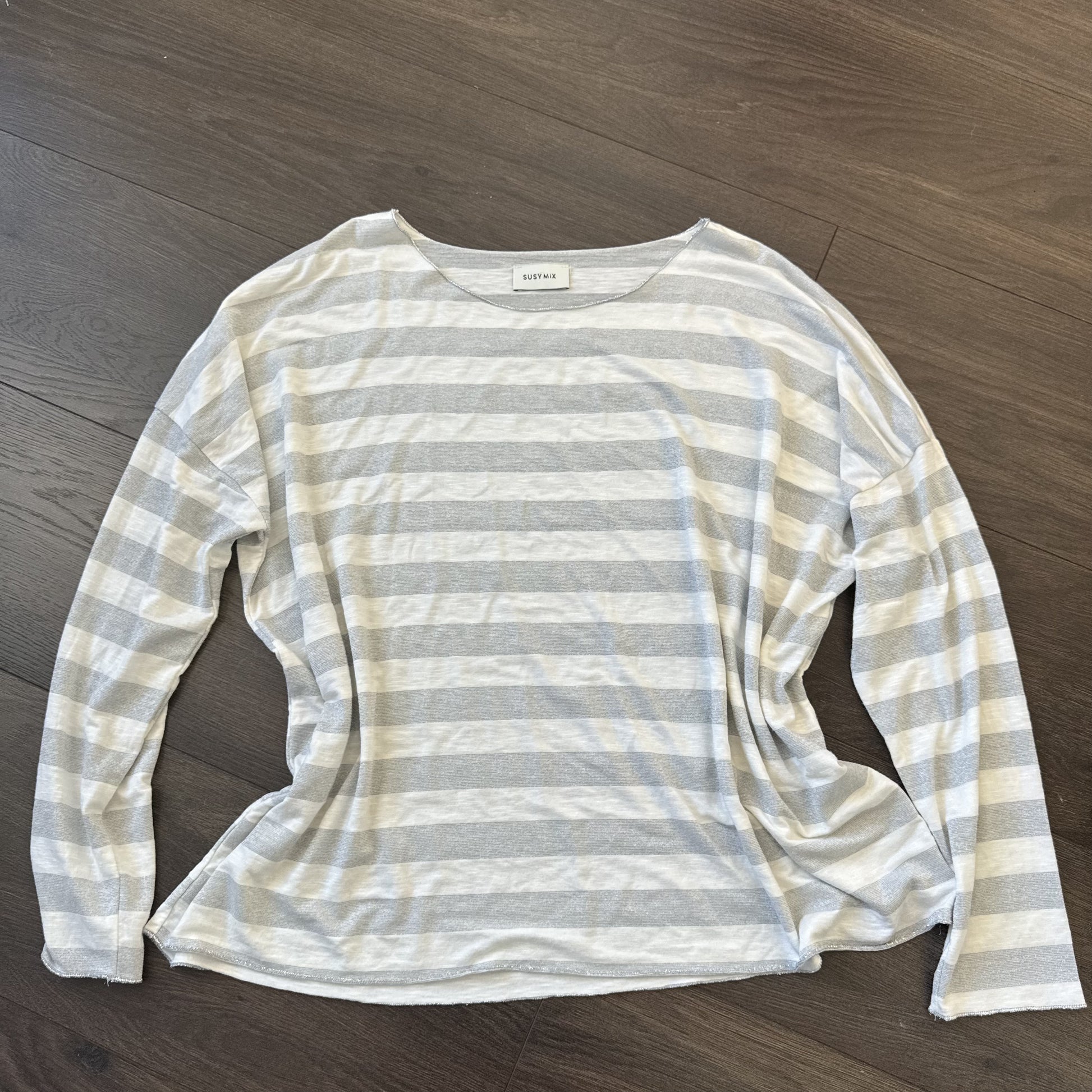 Susy Mix White Grey Striped Off Shoulder Slinky Long Sleeve Top – view 8