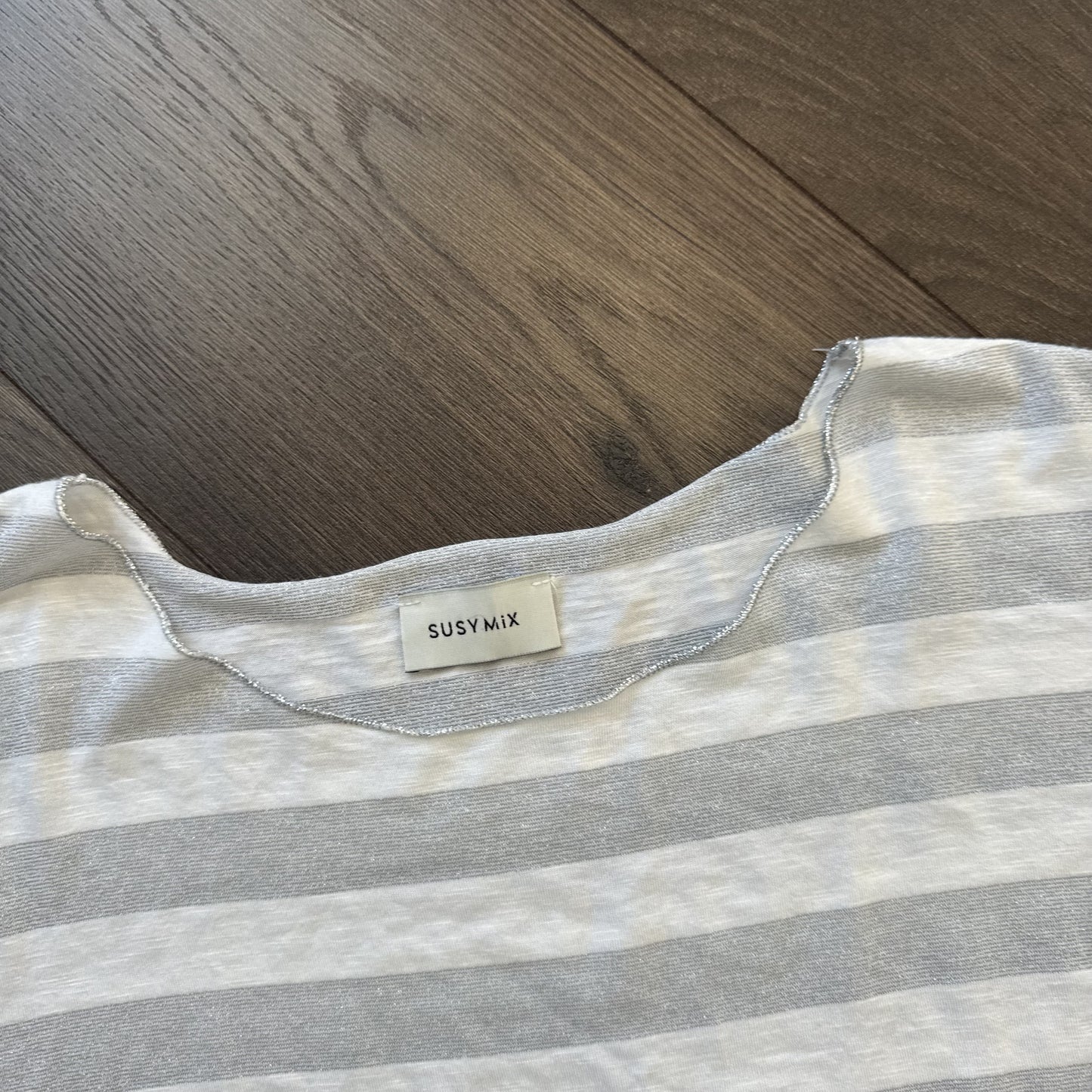Susy Mix White Grey Striped Off Shoulder Slinky Long Sleeve Top – view 7