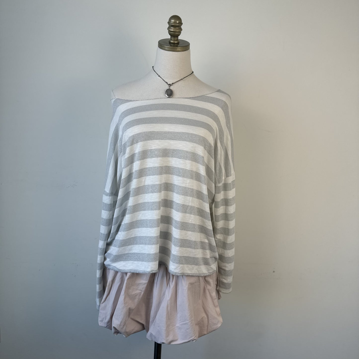 Susy Mix White Grey Striped Off Shoulder Slinky Long Sleeve Top