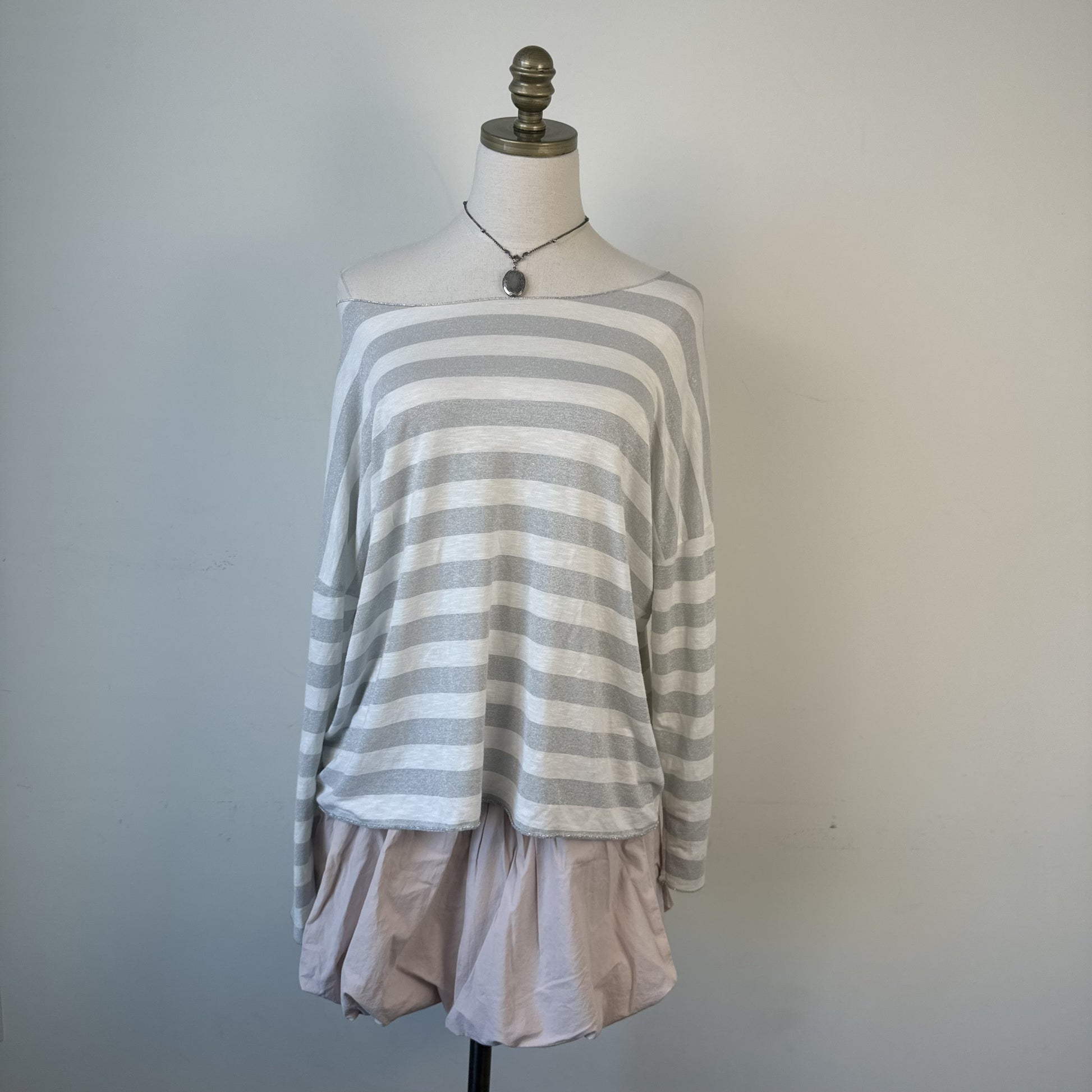 Susy Mix White Grey Striped Off Shoulder Slinky Long Sleeve Top
