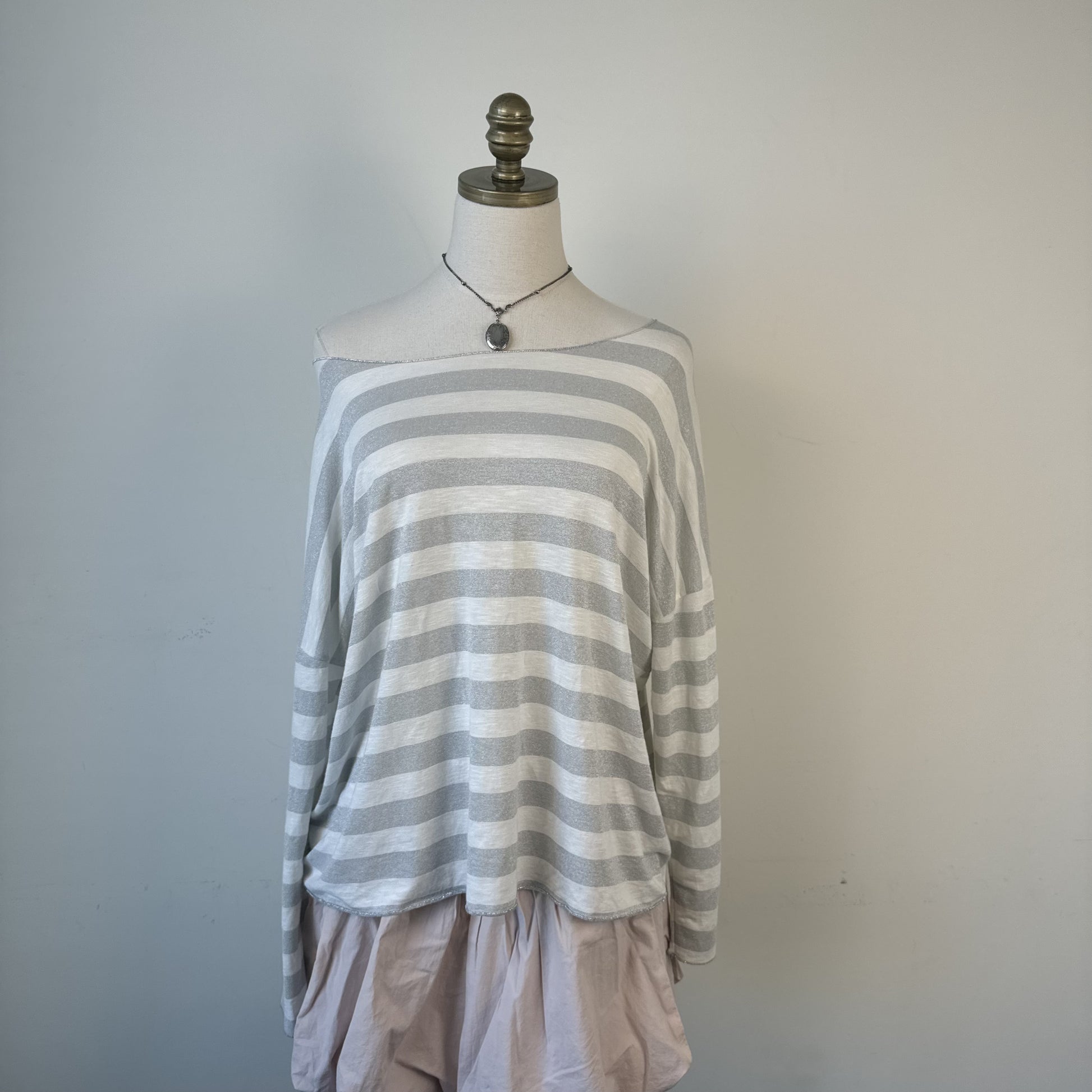 Susy Mix White Grey Striped Off Shoulder Slinky Long Sleeve Top – view 2