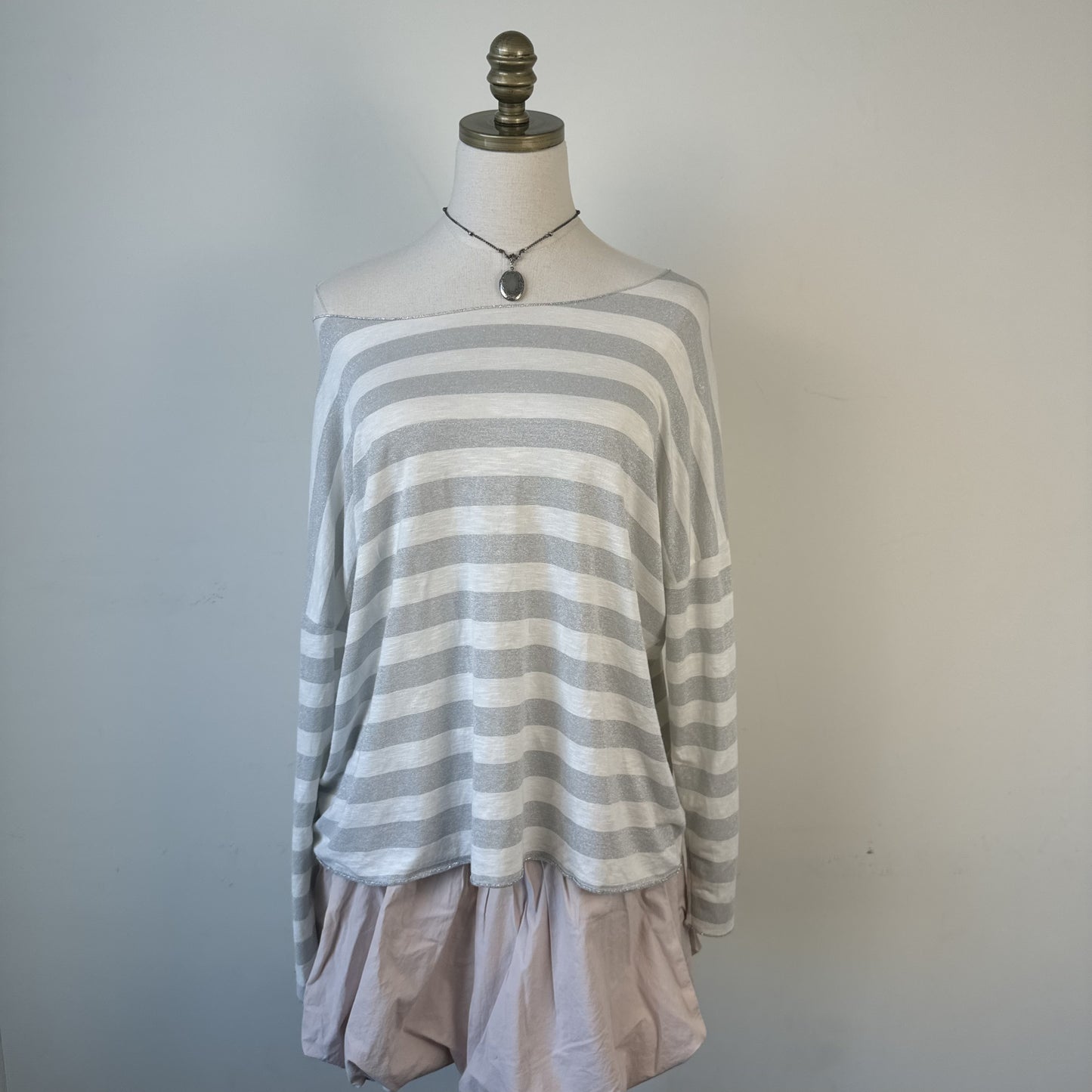 Susy Mix White Grey Striped Off Shoulder Slinky Long Sleeve Top – view 3