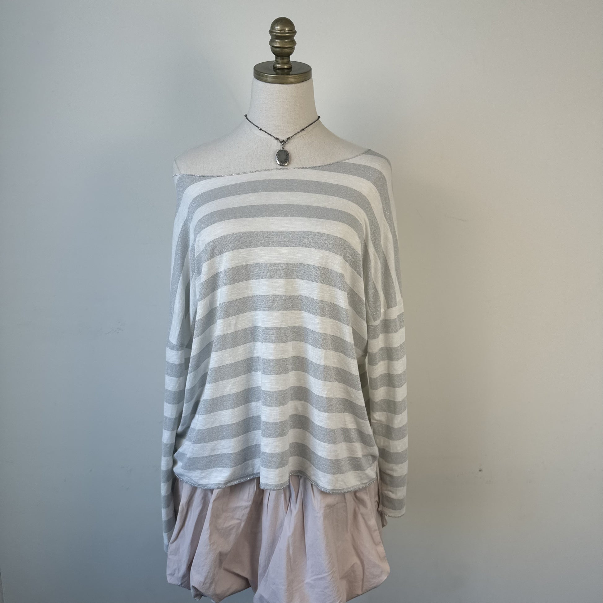 Susy Mix White Grey Striped Off Shoulder Slinky Long Sleeve Top – view 3