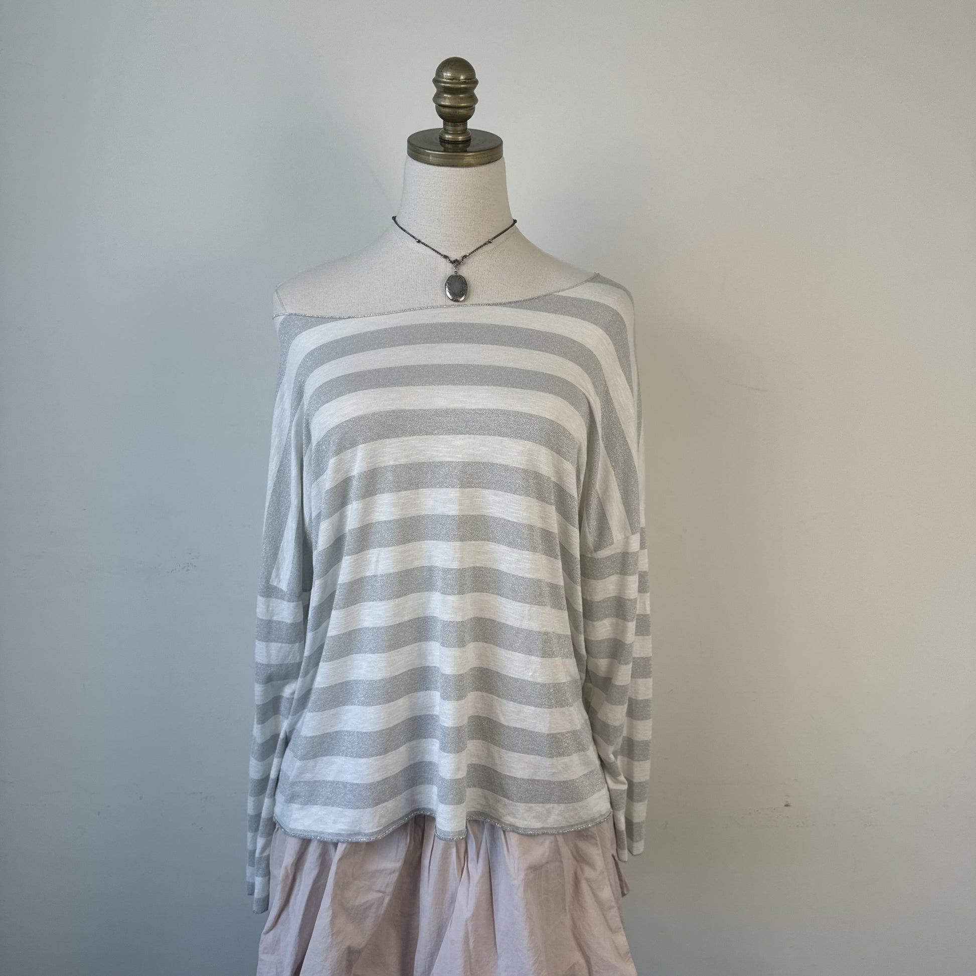 Susy Mix White Grey Striped Off Shoulder Slinky Long Sleeve Top – view 6