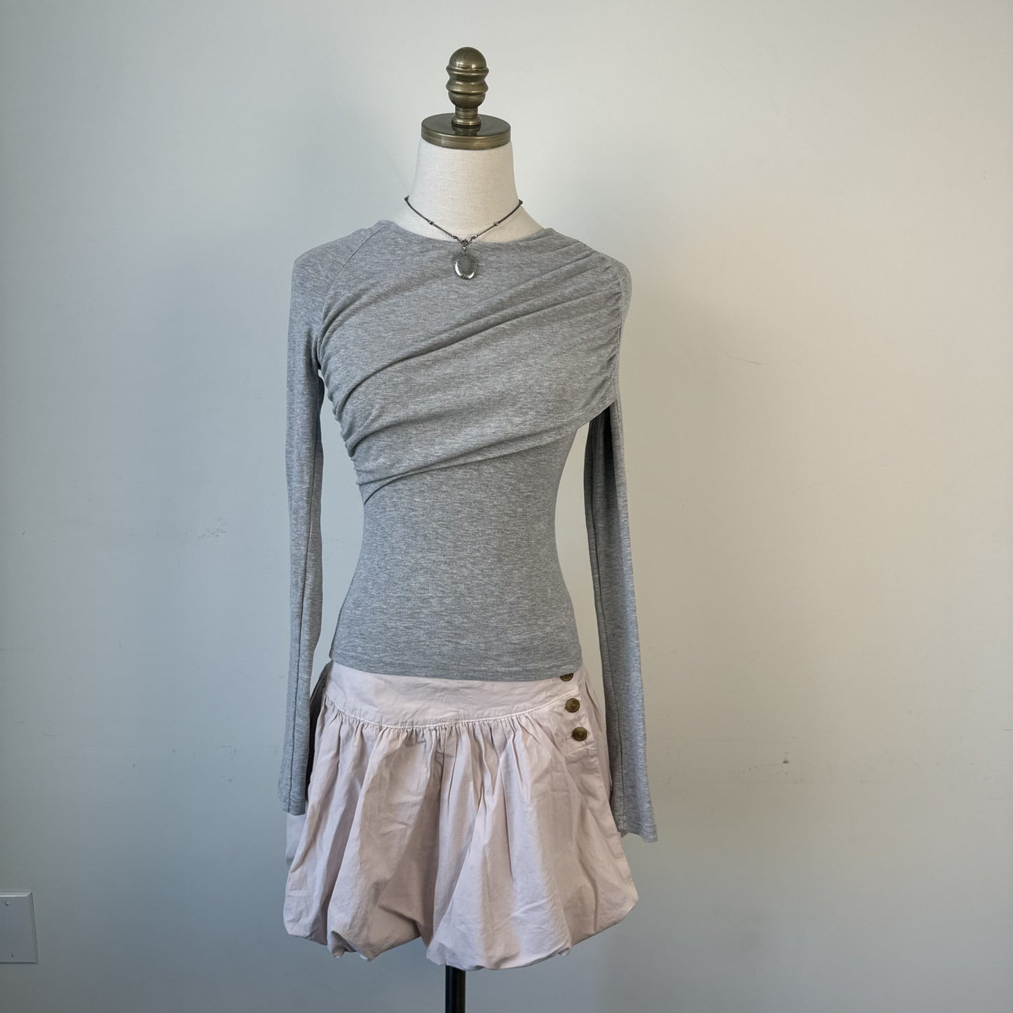 Grey Boat Neck Long Sleeve Fitted Wrap Top