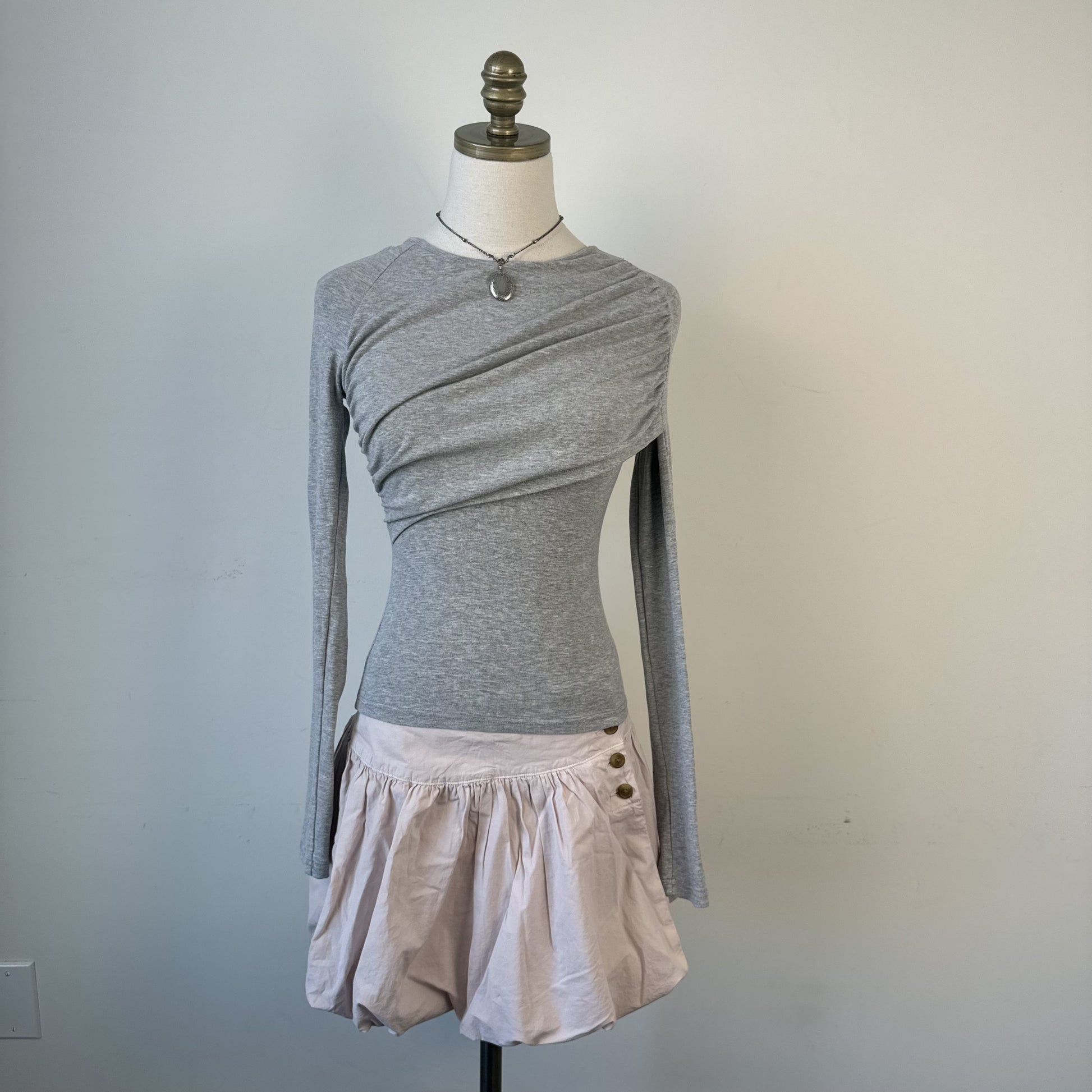 Grey Boat Neck Long Sleeve Fitted Wrap Top