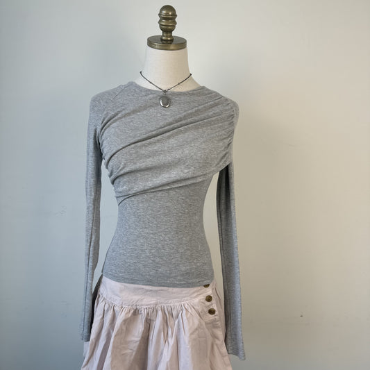 Grey Boat Neck Long Sleeve Fitted Wrap Top – view 2