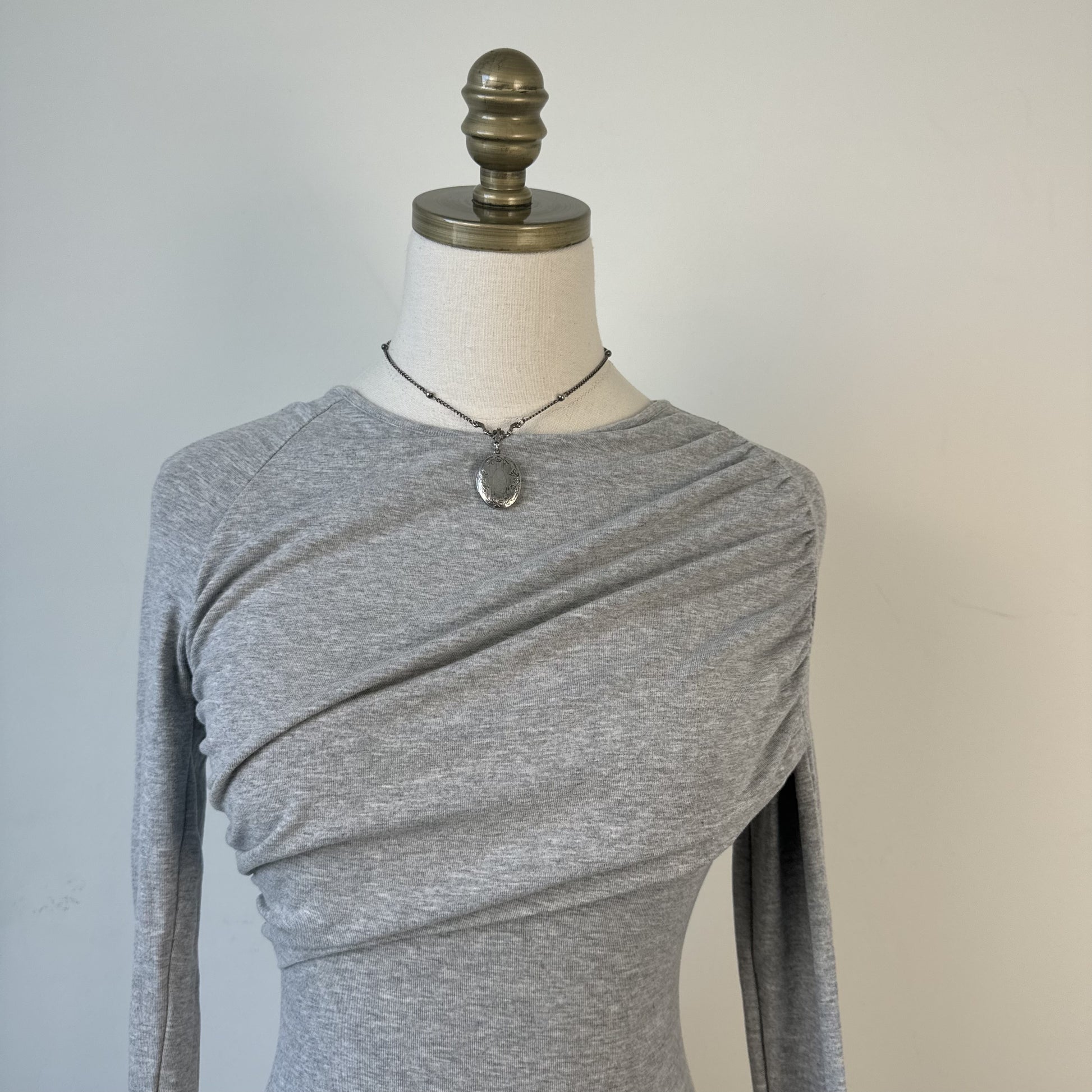 Grey Boat Neck Long Sleeve Fitted Wrap Top – view 6