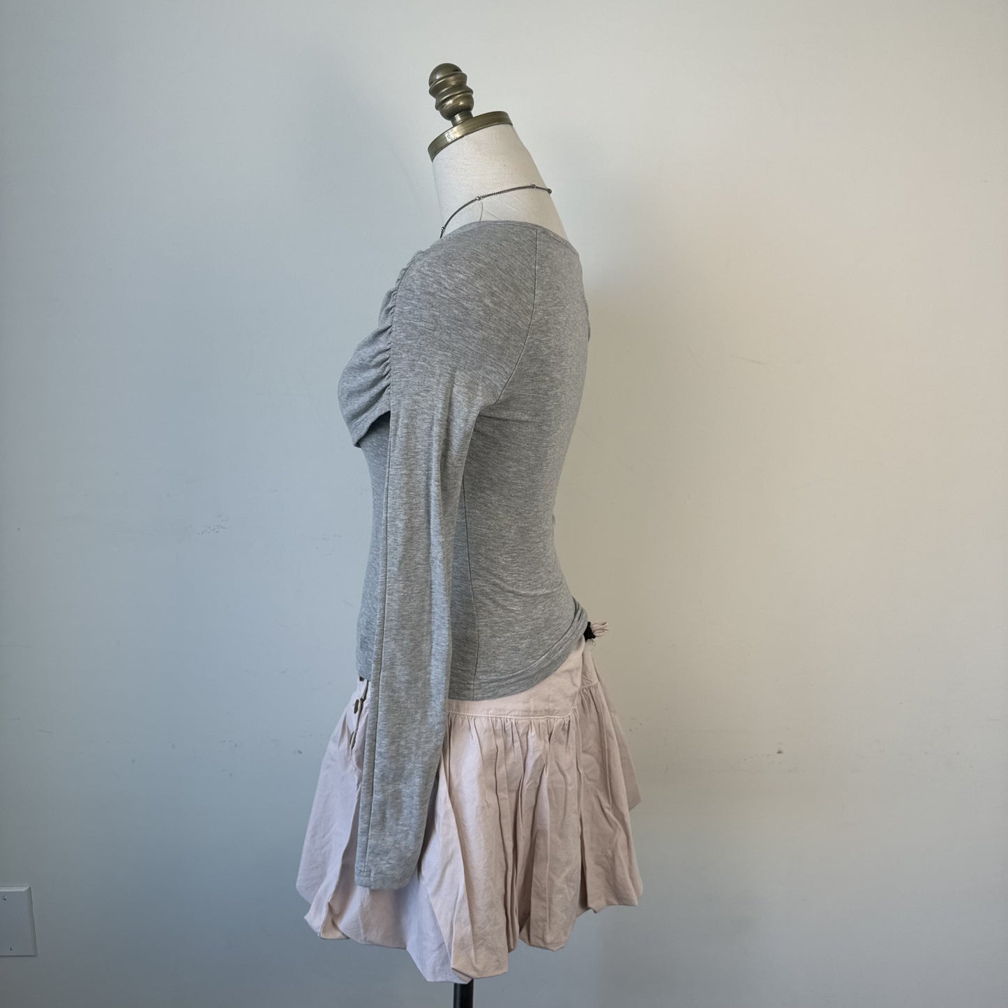 Grey Boat Neck Long Sleeve Fitted Wrap Top – view 3