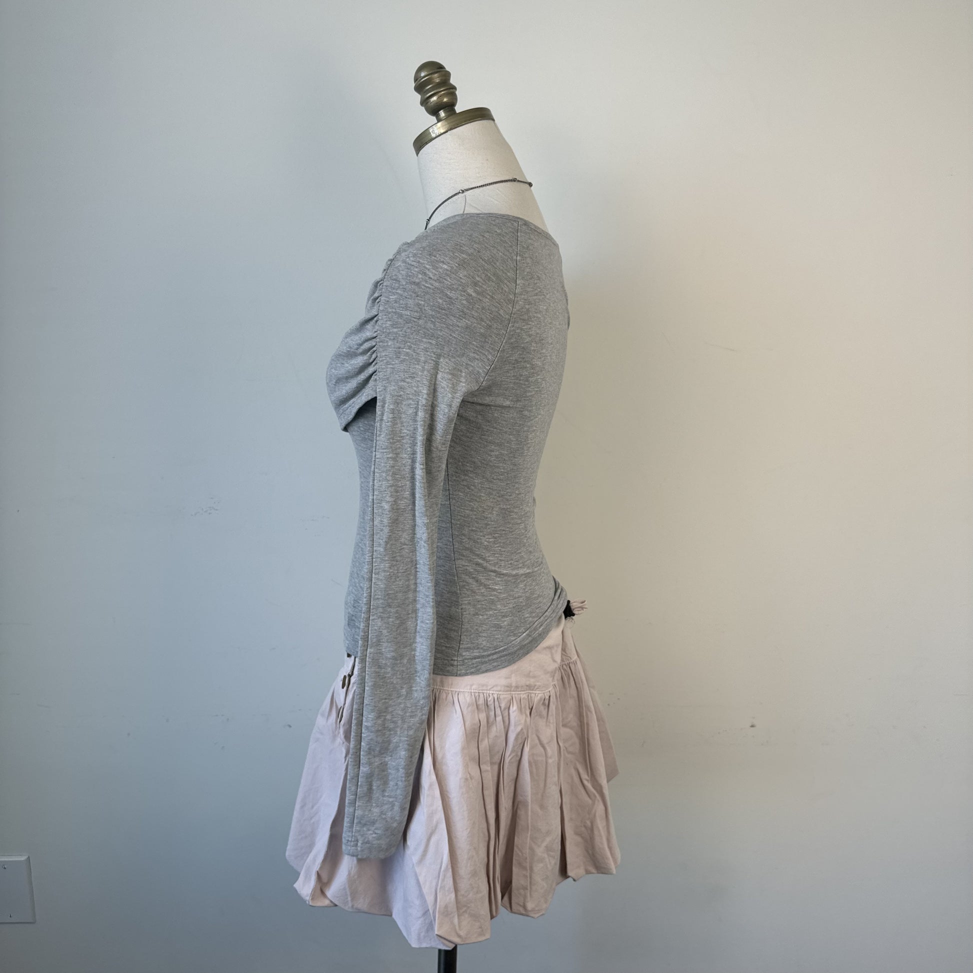 Grey Boat Neck Long Sleeve Fitted Wrap Top – view 3