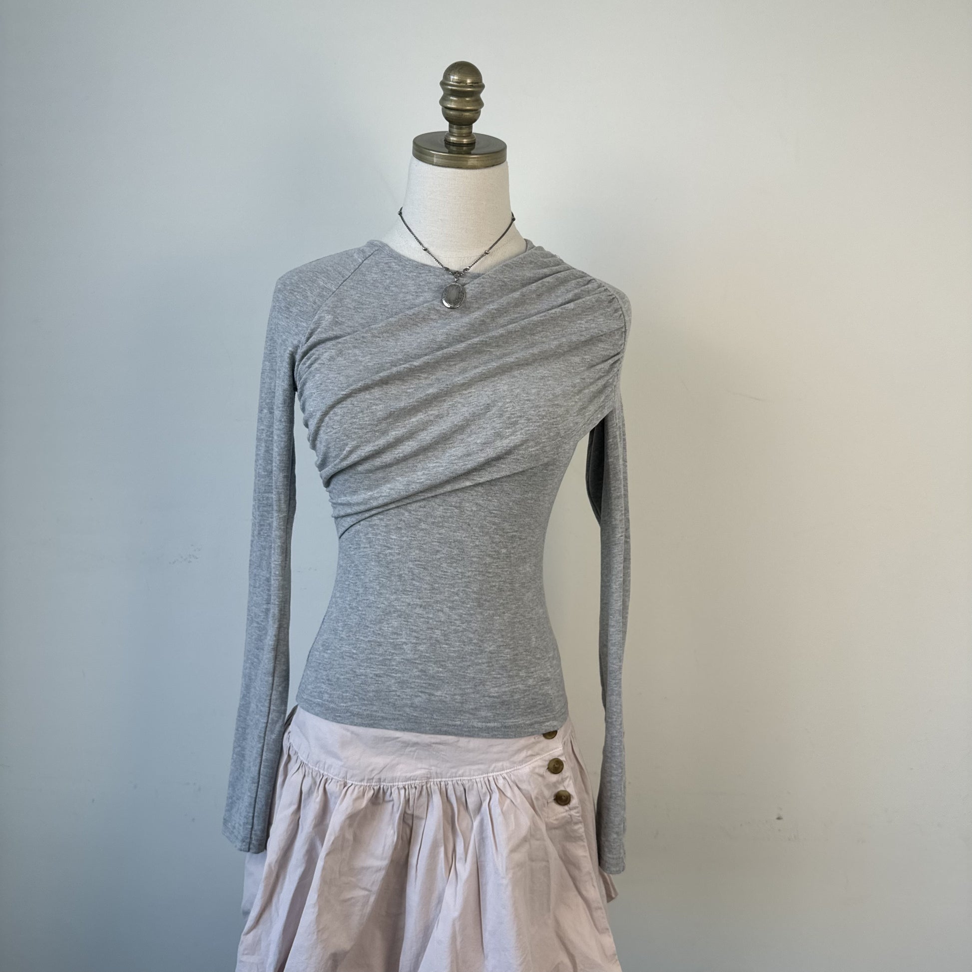 Grey Boat Neck Long Sleeve Fitted Wrap Top – view 5