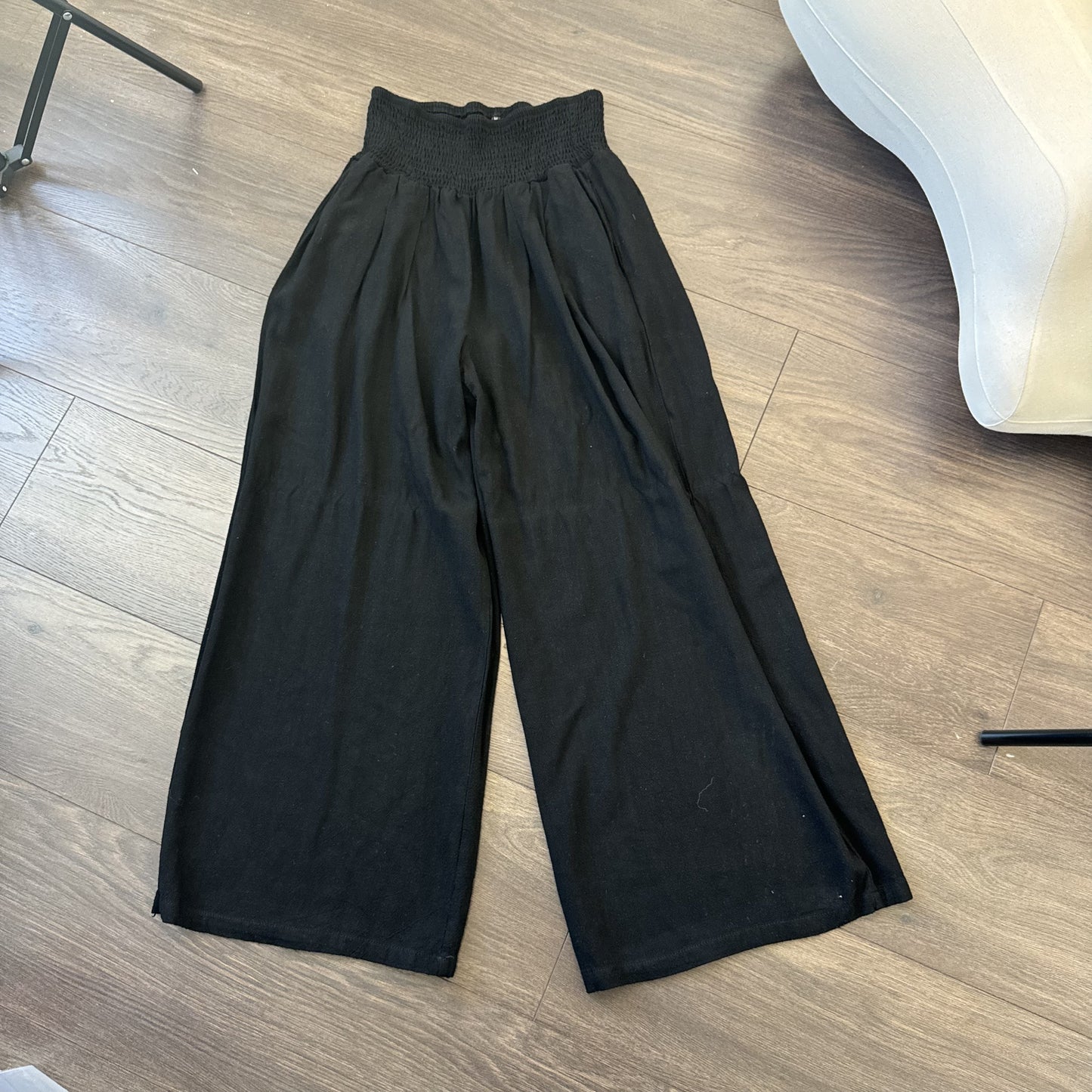 Black Linen Blend Wide Leg Flared Pants Ruched Elastic Waist – view 10