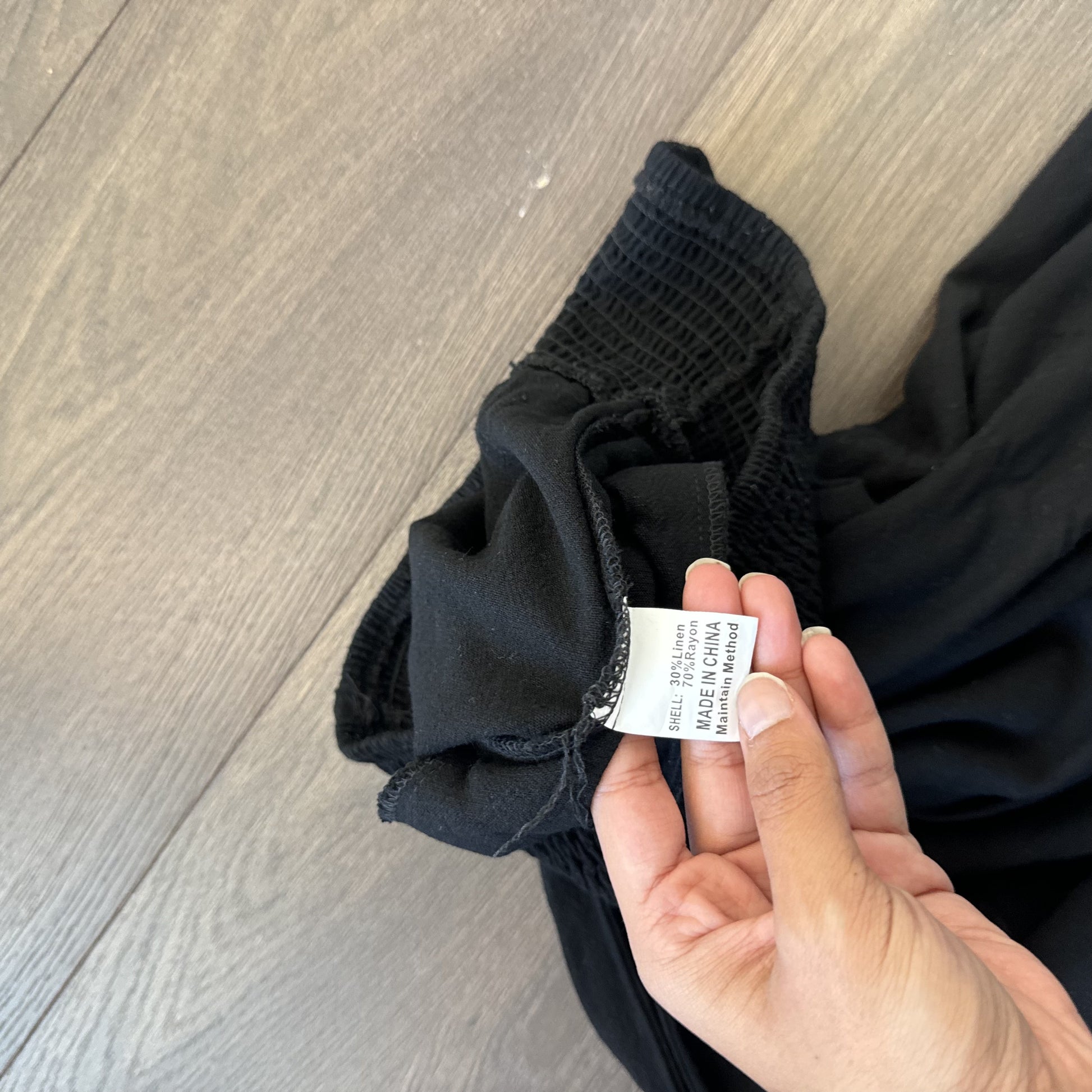 Black Linen Blend Wide Leg Flared Pants Ruched Elastic Waist – view 7