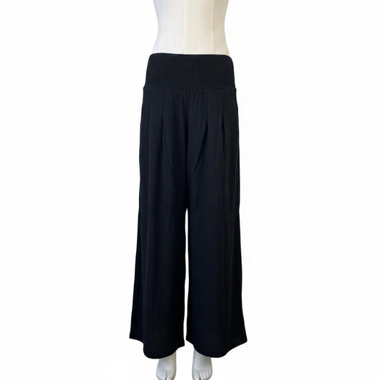 Black Linen Blend Wide Leg Flared Pants Ruched Elastic Waist
