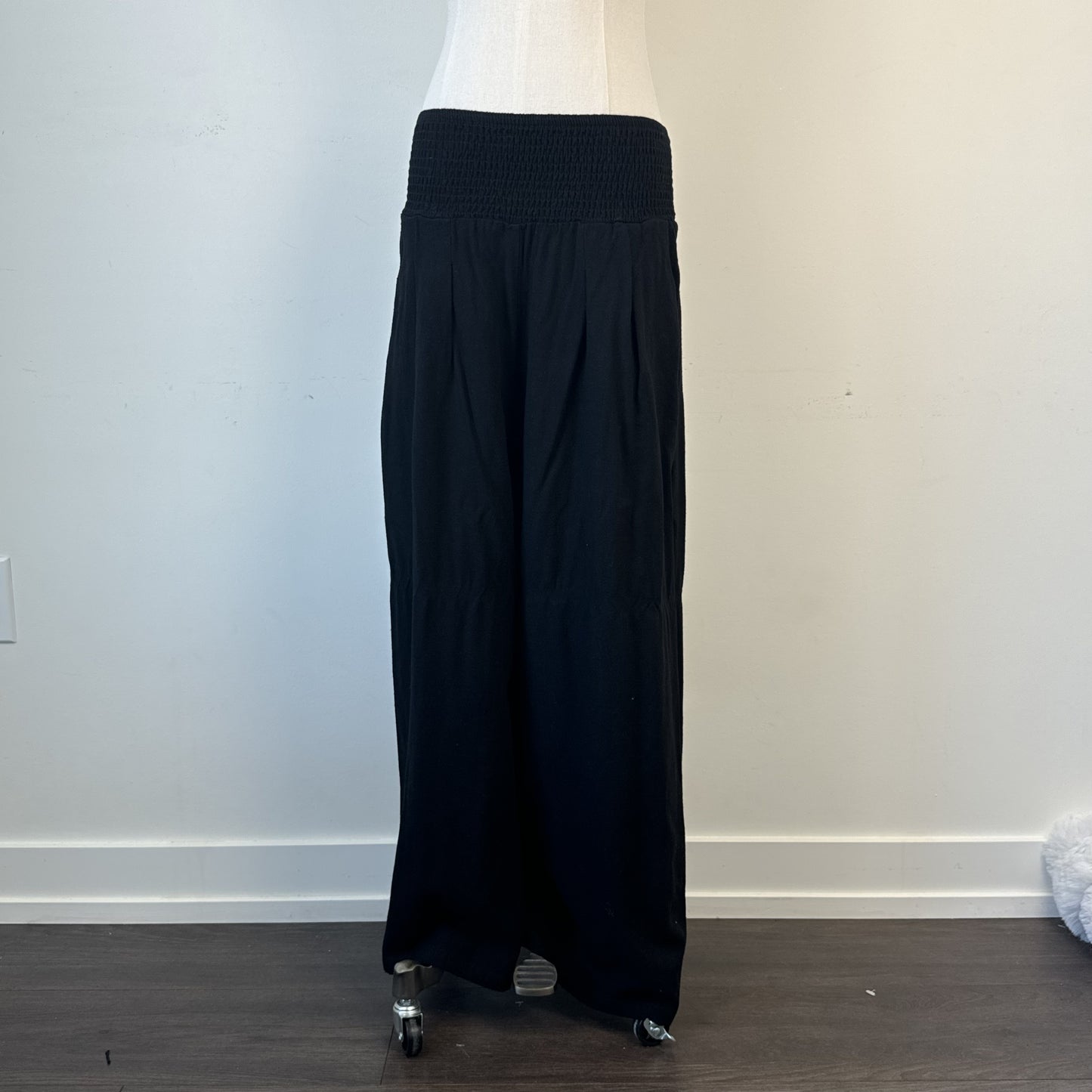 Black Linen Blend Wide Leg Flared Pants Ruched Elastic Waist – view 2