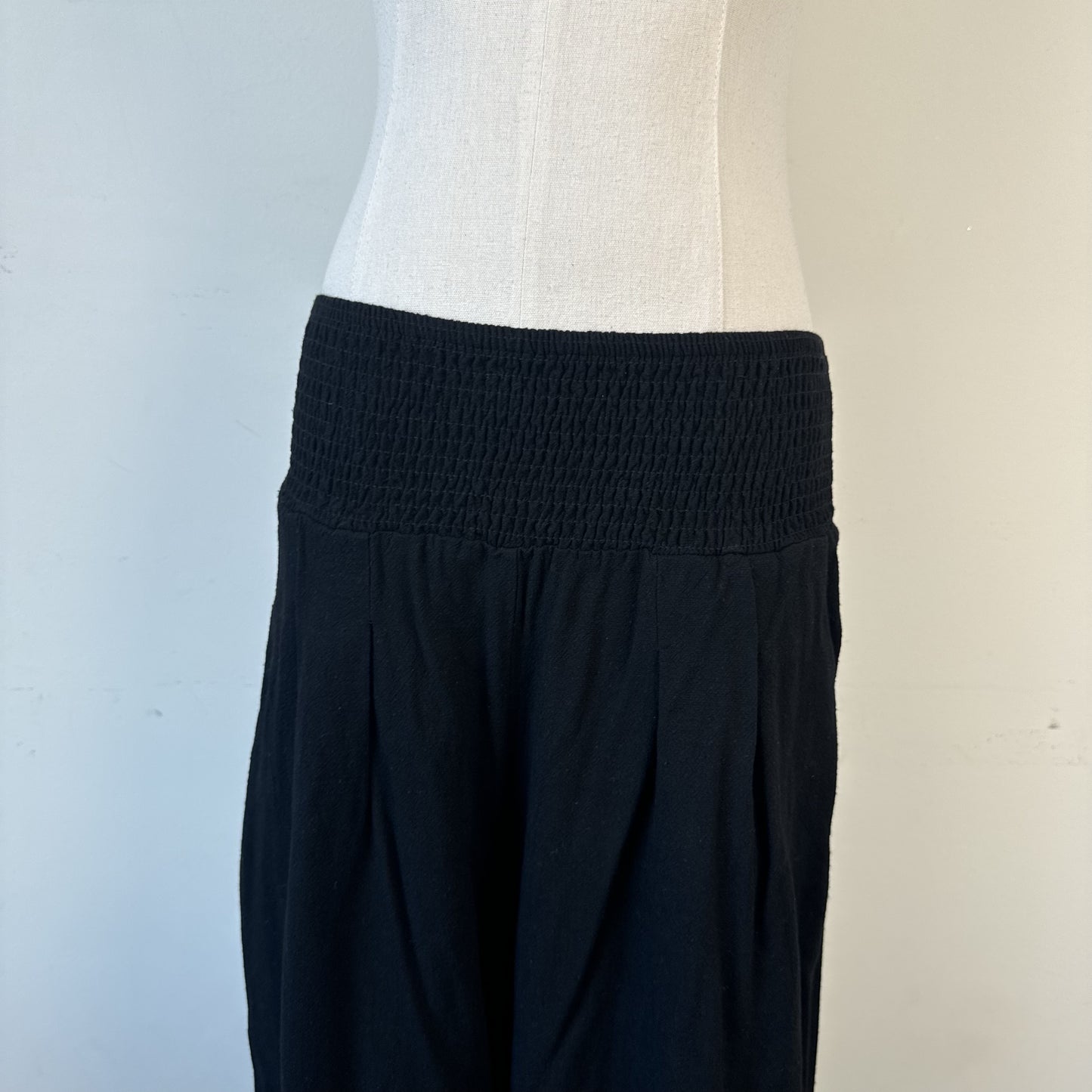 Black Linen Blend Wide Leg Flared Pants Ruched Elastic Waist – view 8