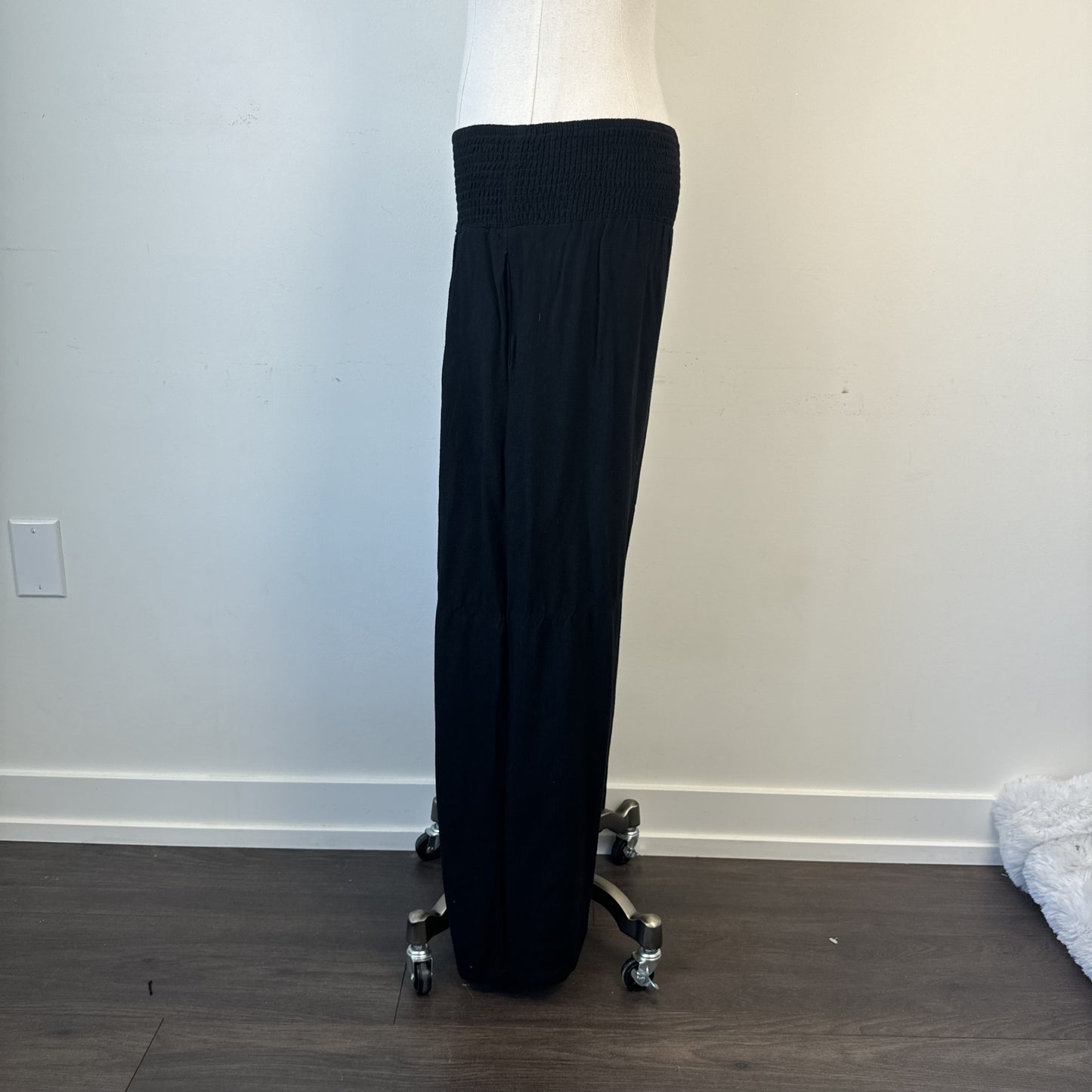 Black Linen Blend Wide Leg Flared Pants Ruched Elastic Waist – view 3