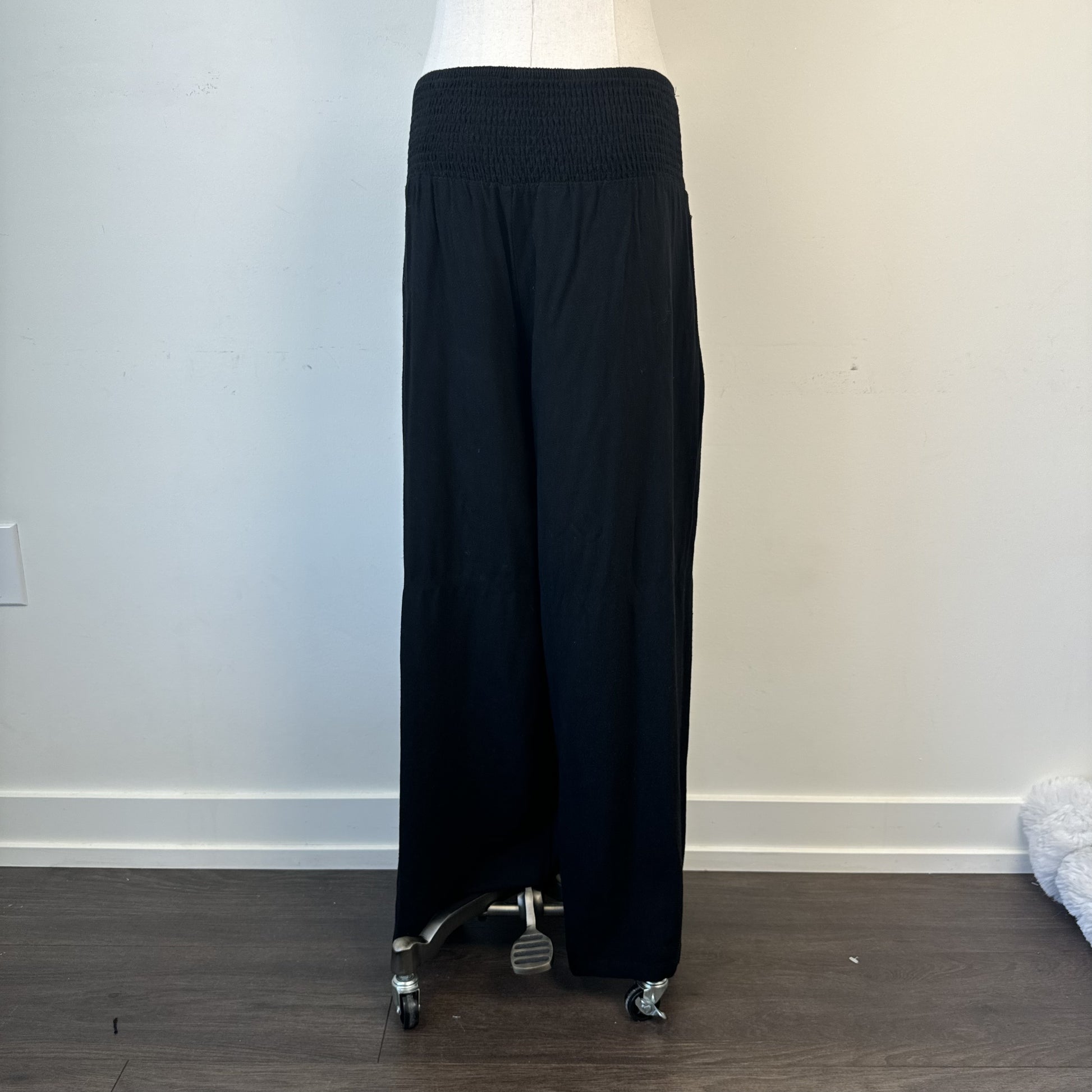 Black Linen Blend Wide Leg Flared Pants Ruched Elastic Waist – view 4