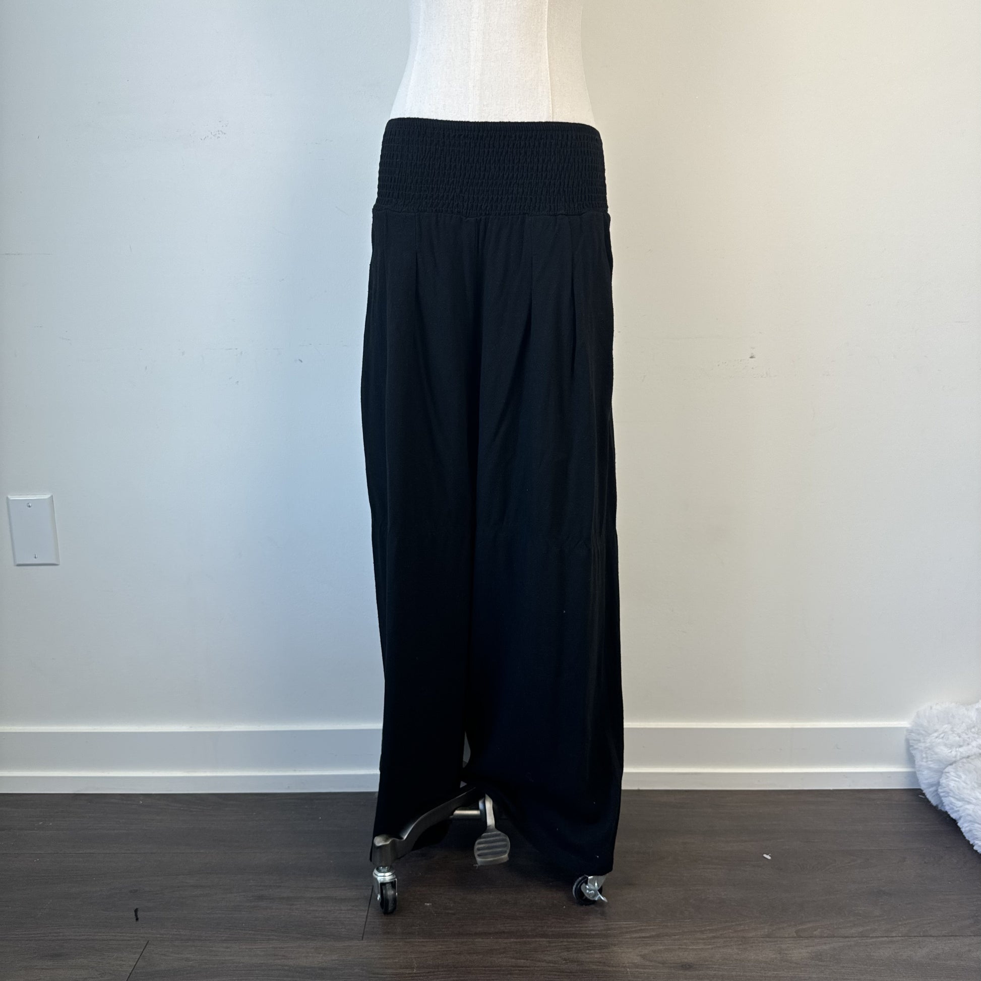 Black Linen Blend Wide Leg Flared Pants Ruched Elastic Waist – view 5