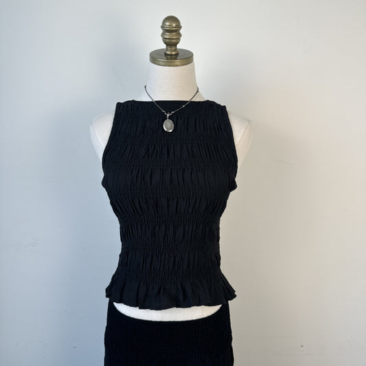 Black Ruched Fitted Boat Neck Sleeveless Top – view 5