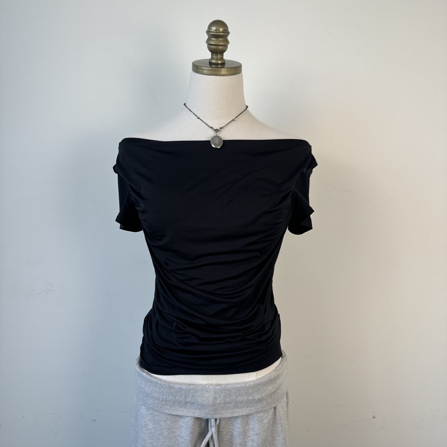 90s Black Ruched Off Shoulder Fitted Top