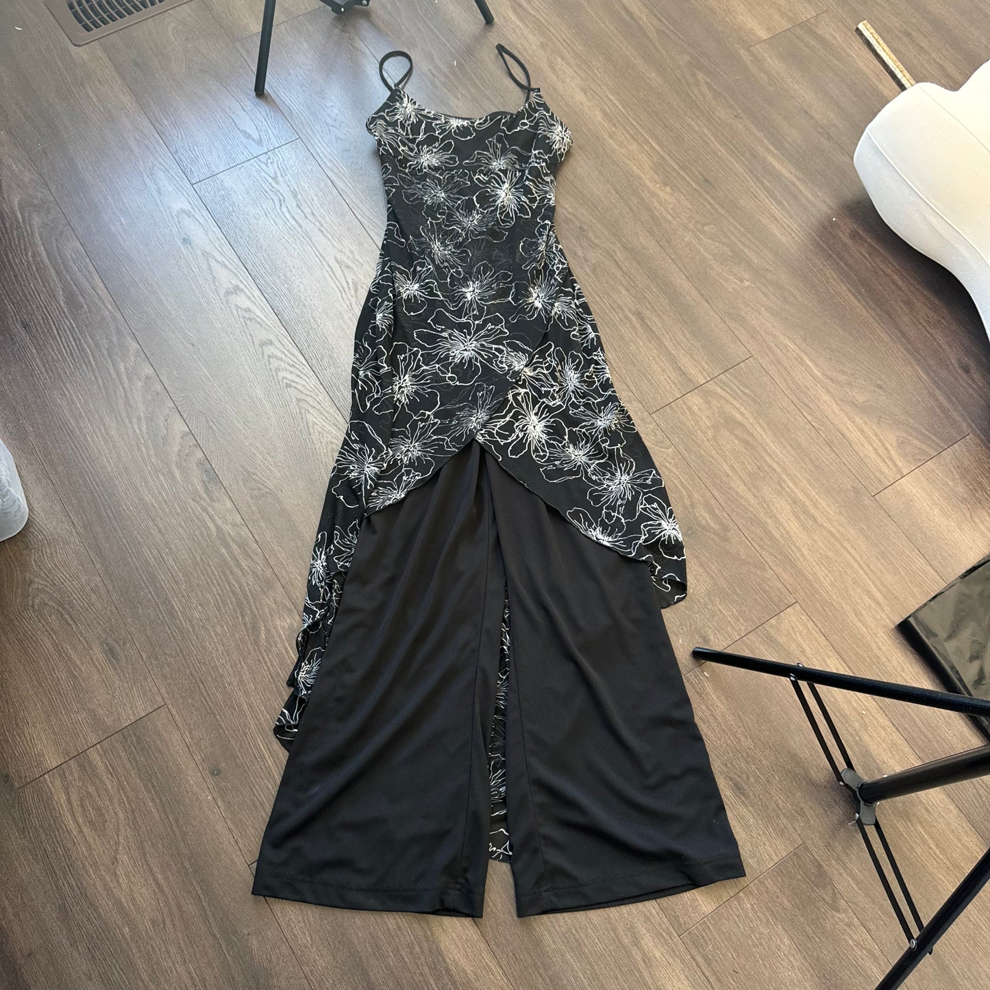 Vintage Smart Set Flared Romper with Mesh Floral Panel