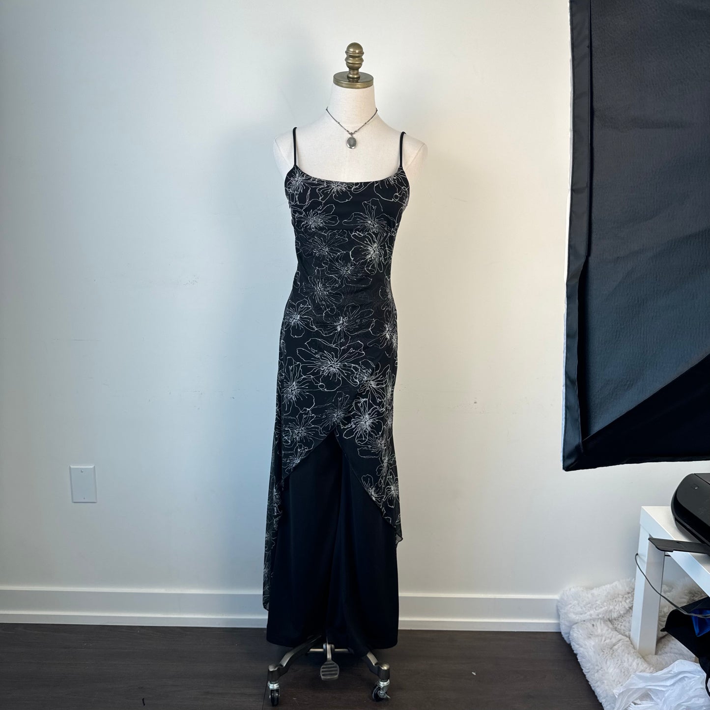Vintage Smart Set Flared Romper with Mesh Floral Panel