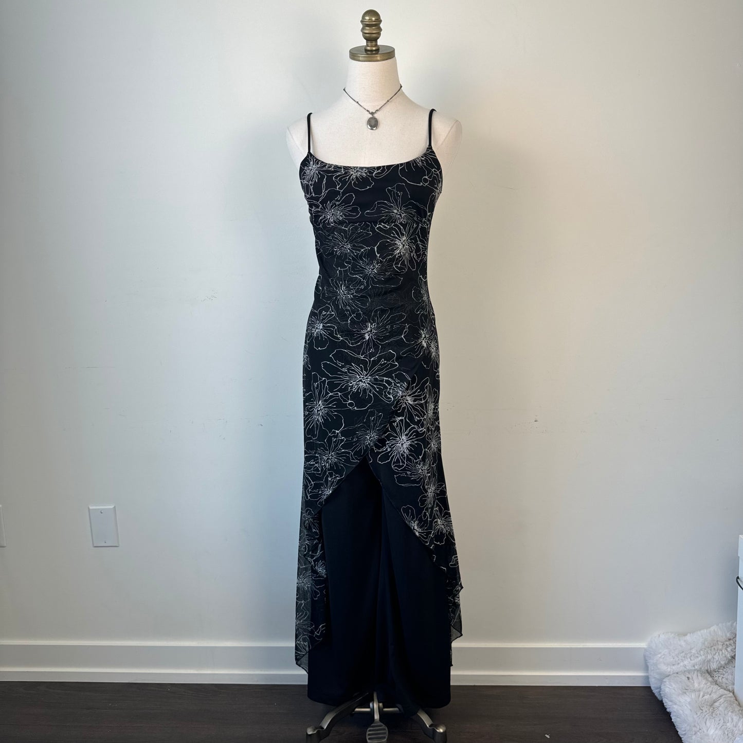 Vintage Smart Set Flared Romper with Mesh Floral Panel