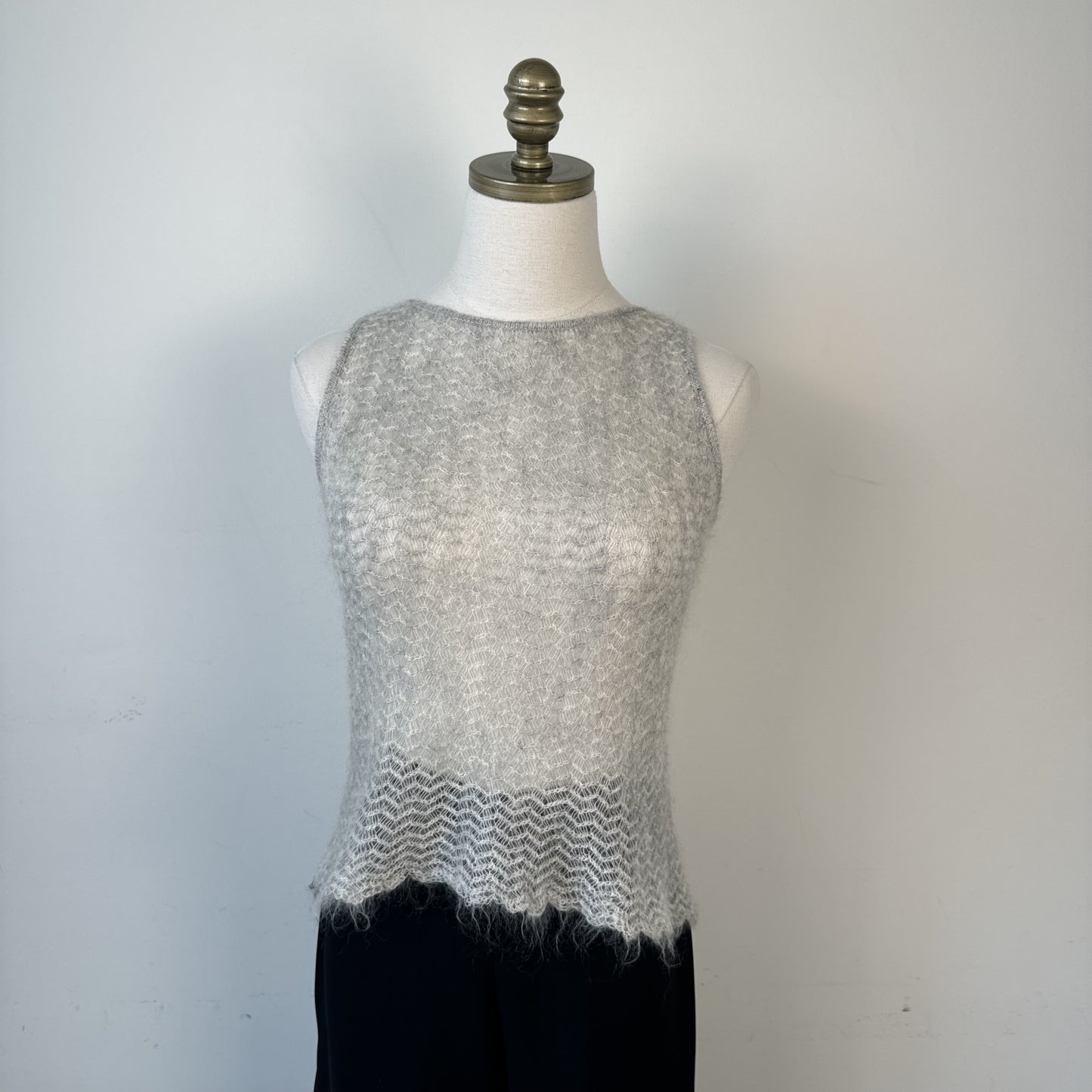 Grey Open Knit Boat Neck Sleeveless Top