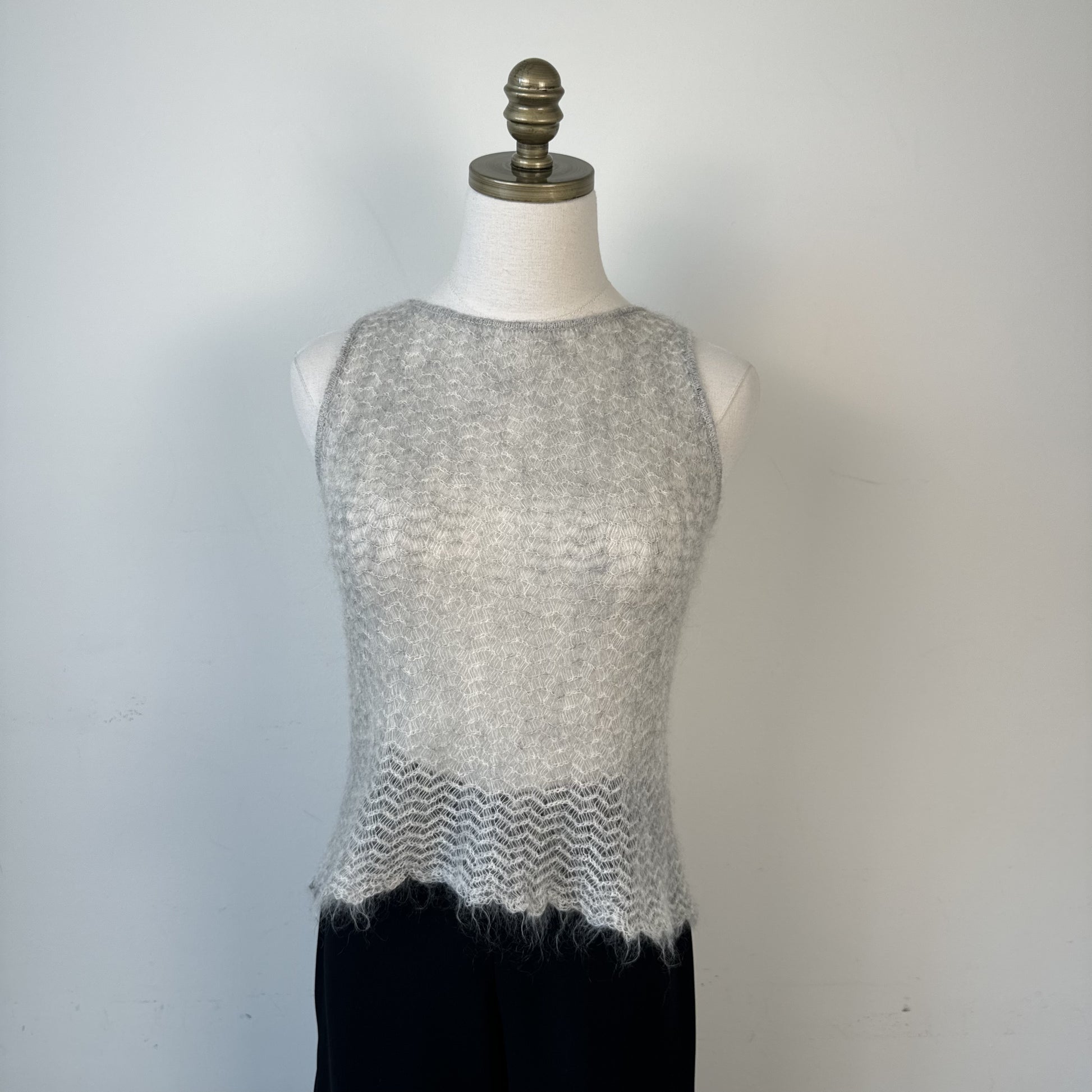 Grey Open Knit Boat Neck Sleeveless Top