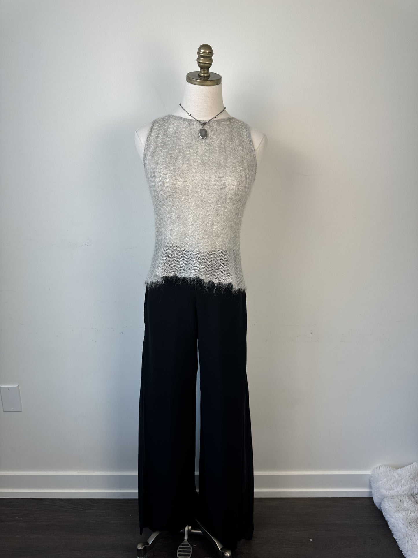 Grey Open Knit Boat Neck Sleeveless Top – view 2