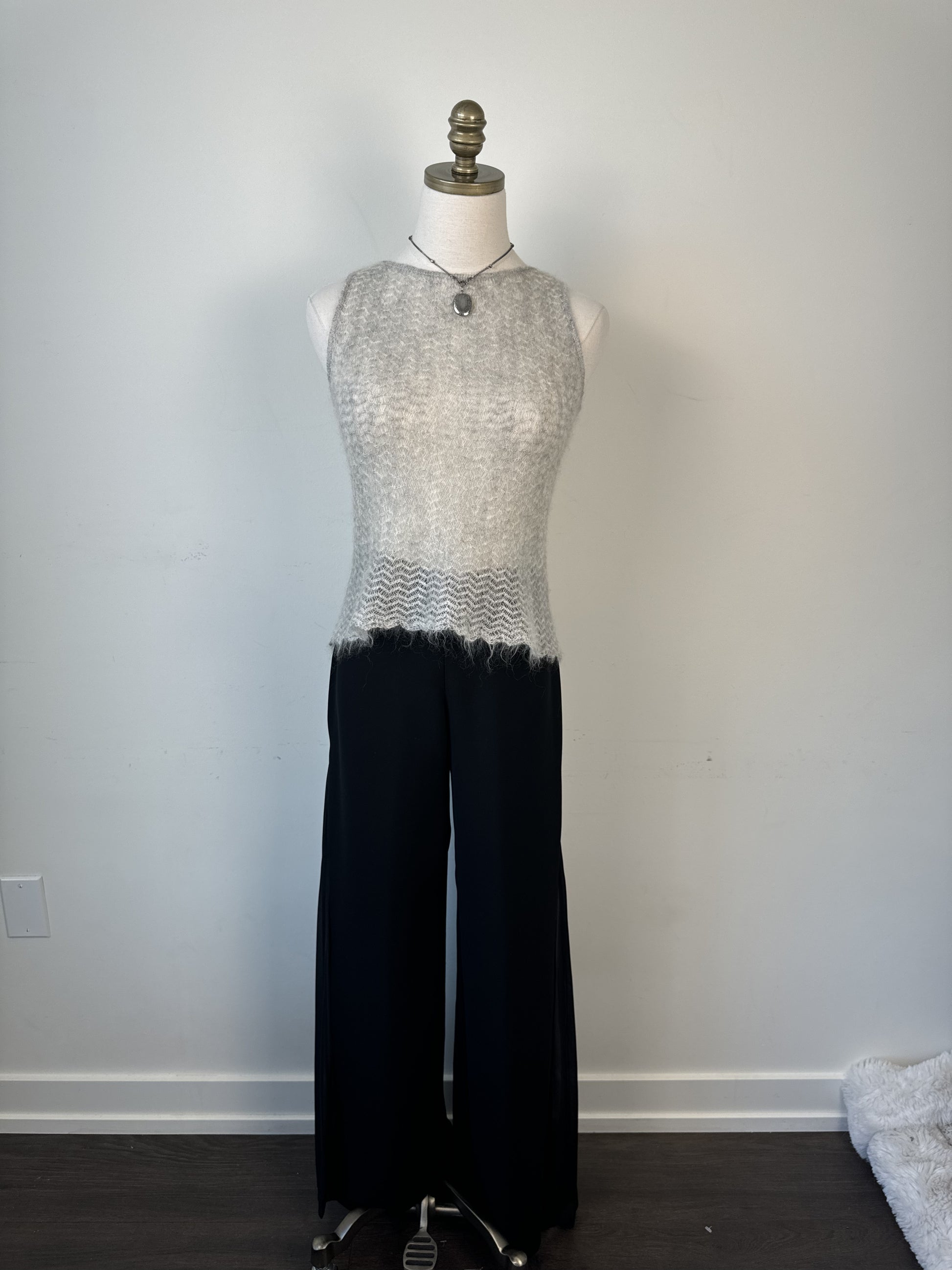 Grey Open Knit Boat Neck Sleeveless Top – view 2