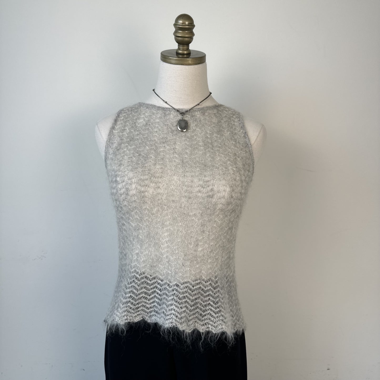 Grey Open Knit Boat Neck Sleeveless Top – view 3